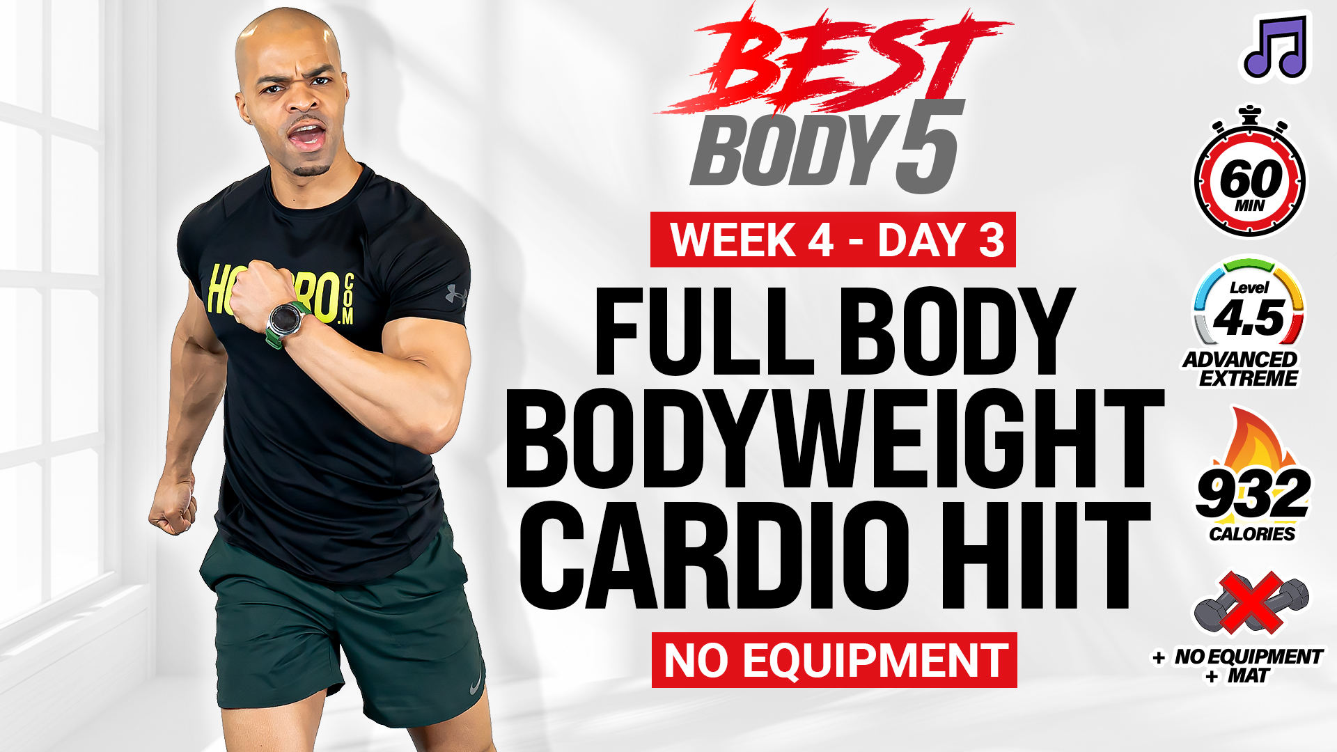 60 Minute INTENSE Full Body Bodyweight HIIT Workout - BB5 W4: Day 3 (Music)