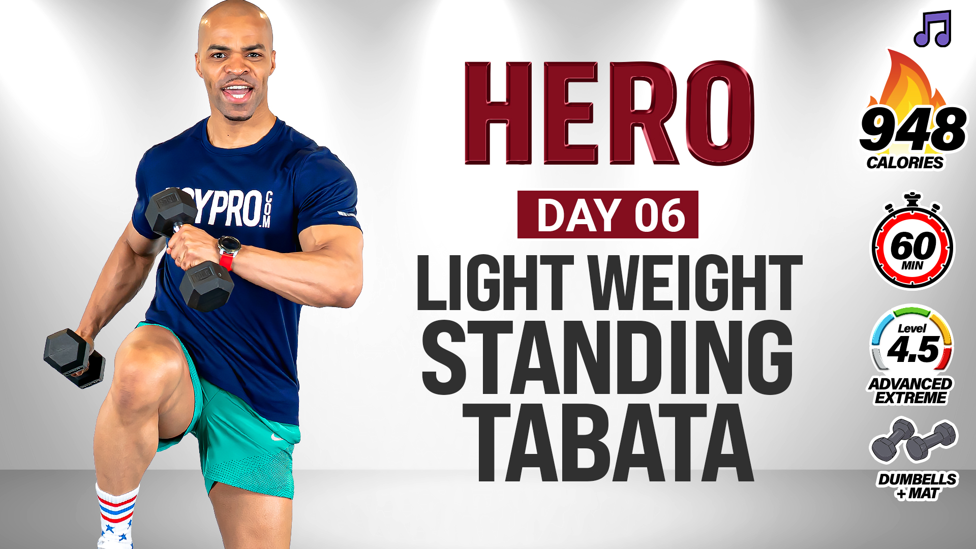 60 Minute Standing ABAB Light Weight Tabata Workout - HERO #006 (Music)
