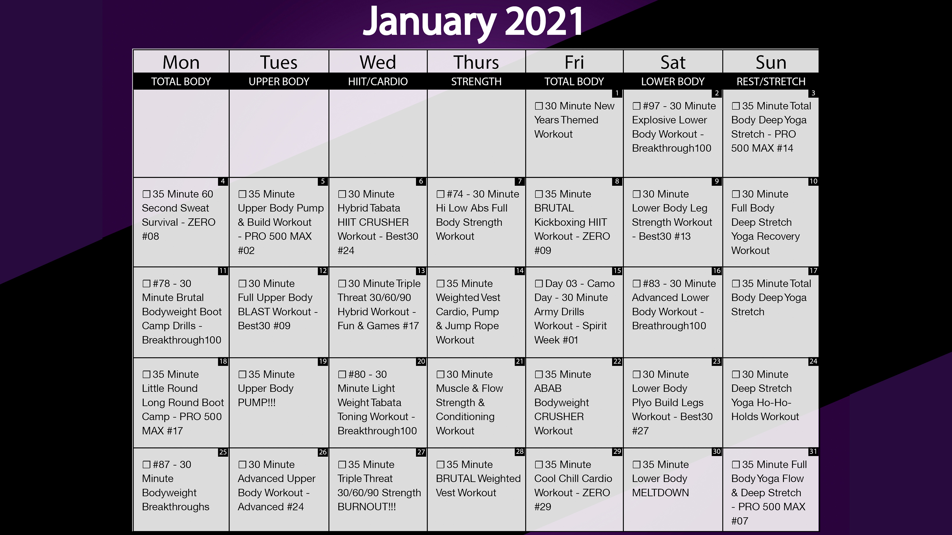 January 2021 Workout Calendar