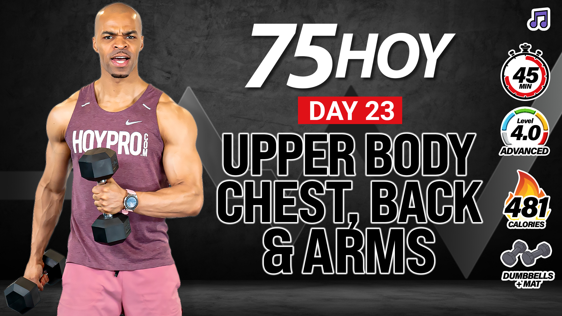 45 Minute Upper Body - Chest, Back & Arms Workout - 75 HOY #23 (Music)