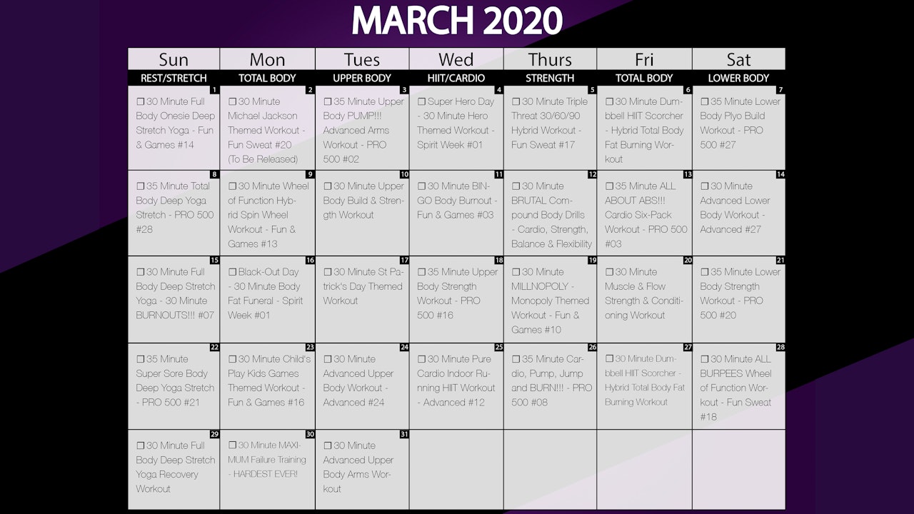 March 2021 Workout Playlist & Calendar