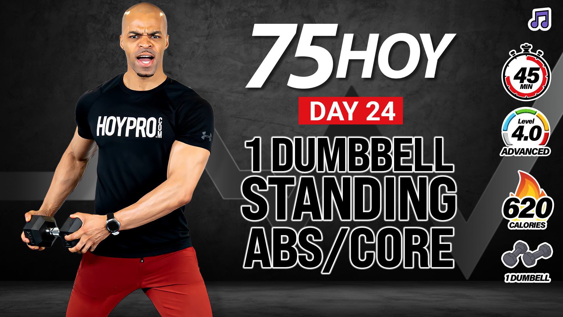45 Minute One Dumbbell Standing Core & Abs Workout - 75 HOY #24 (Music)
