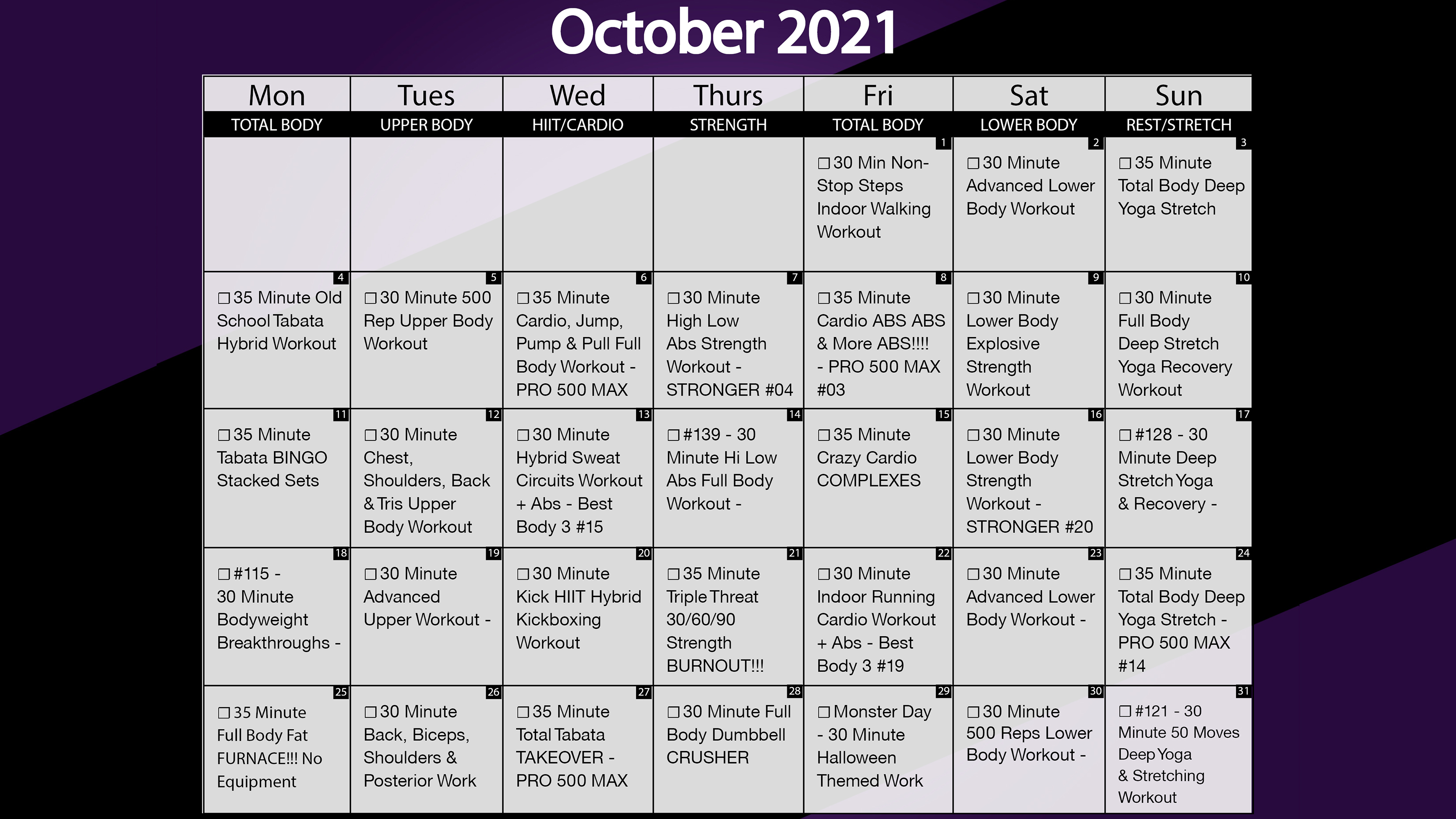 October 2021 Workout Calendar