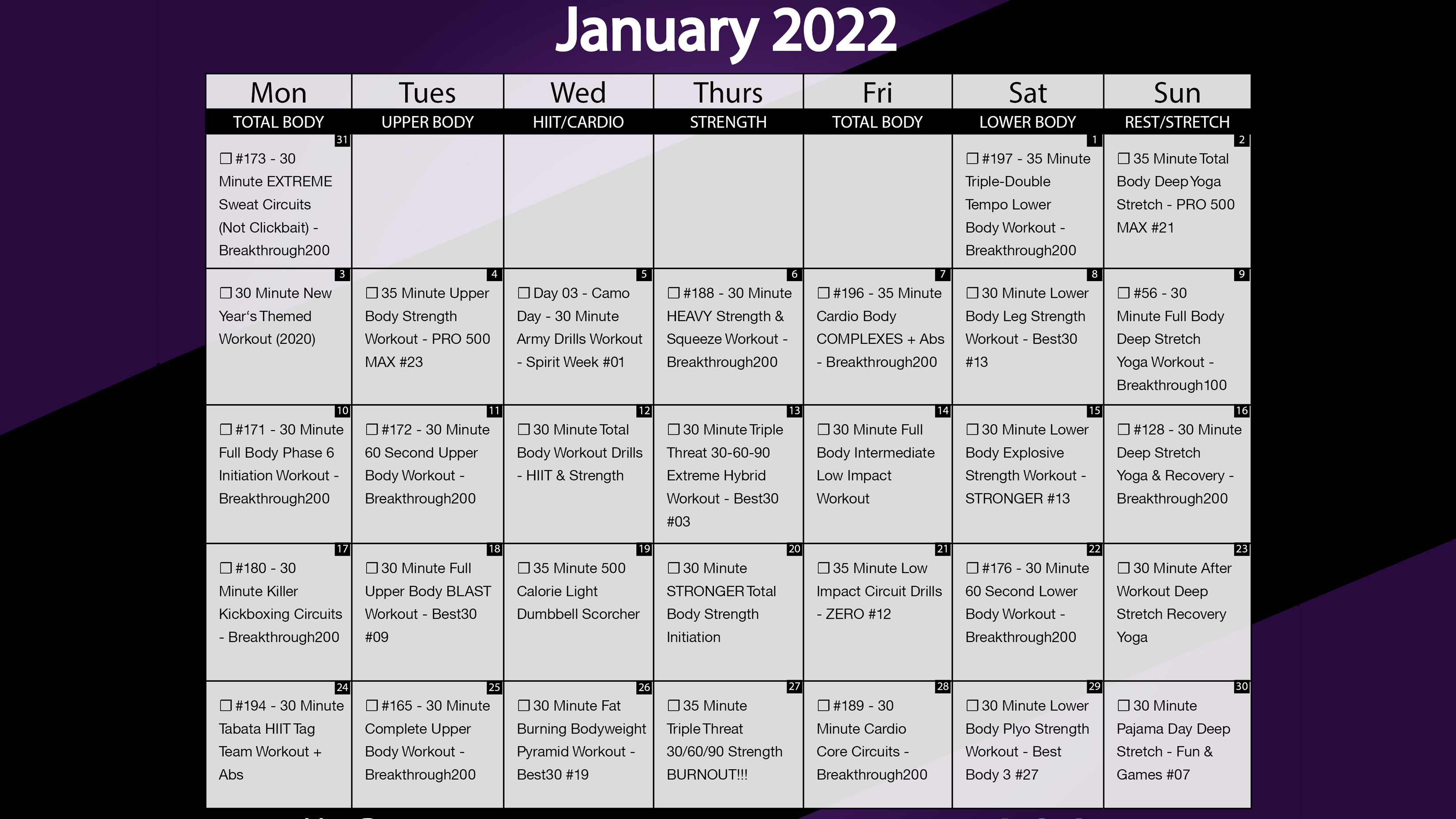 January 2022 Workout Calendar