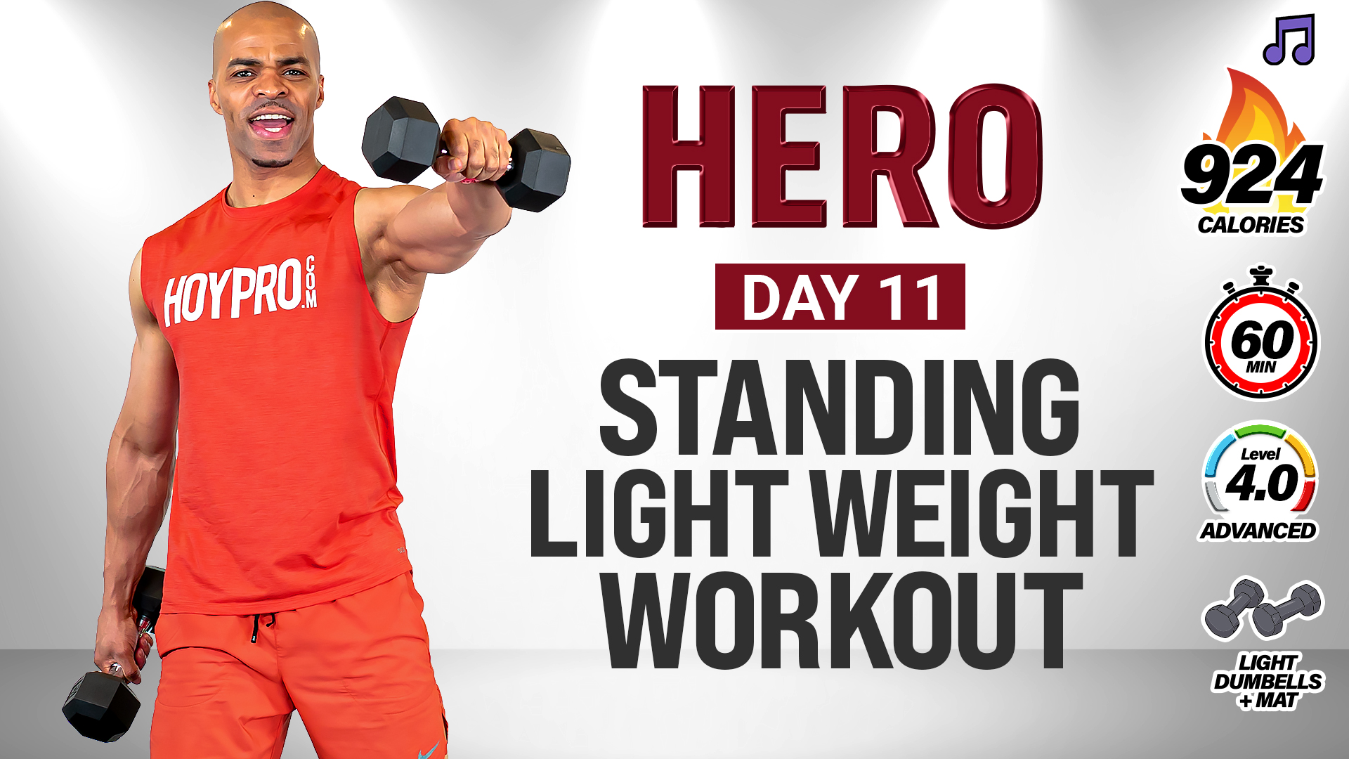 60 Minute Standing Light Dumbbell Workout (No Jumping) - HERO #011 (Music)