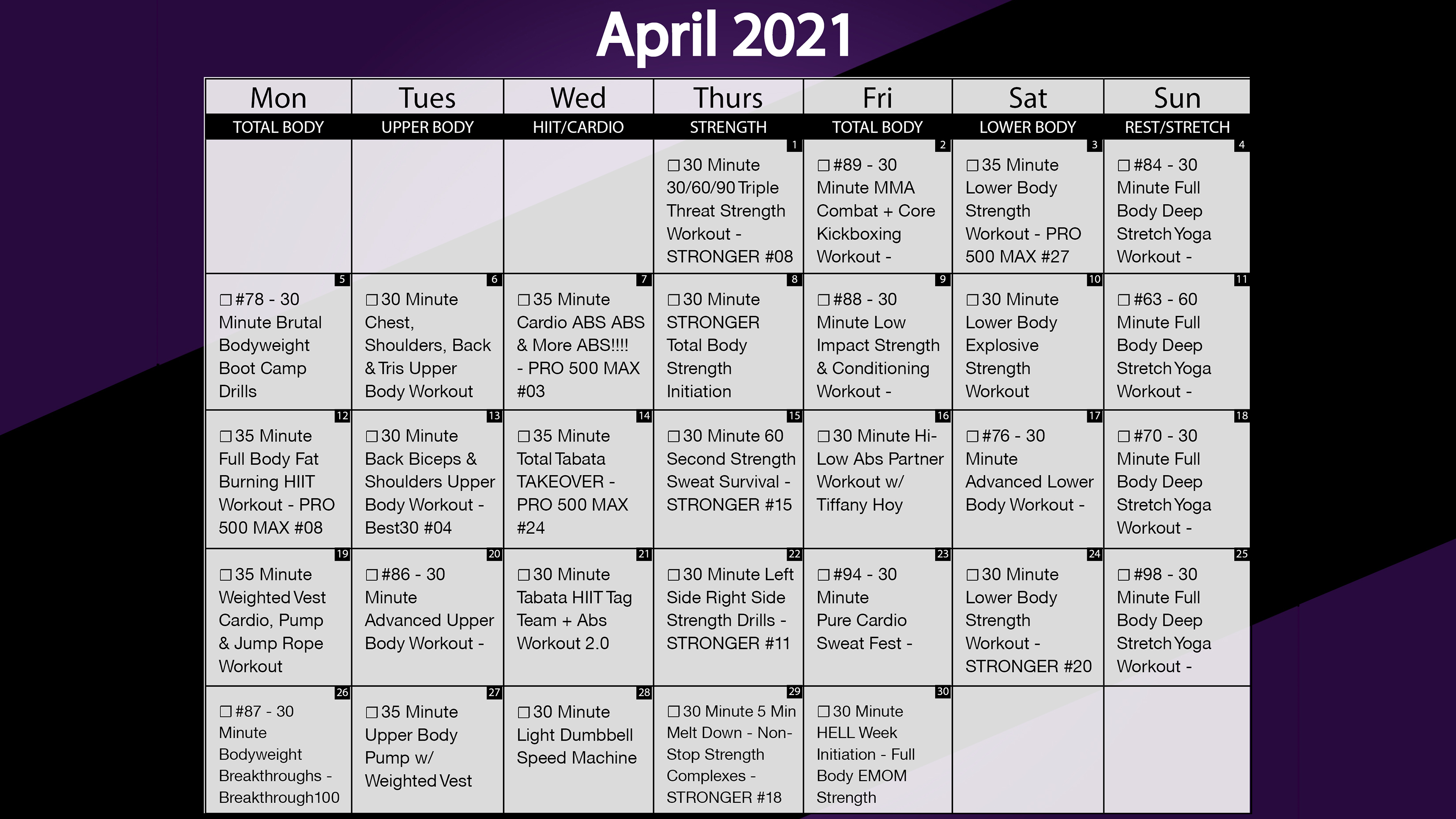 April 2021 Workout Playlist & Calendar