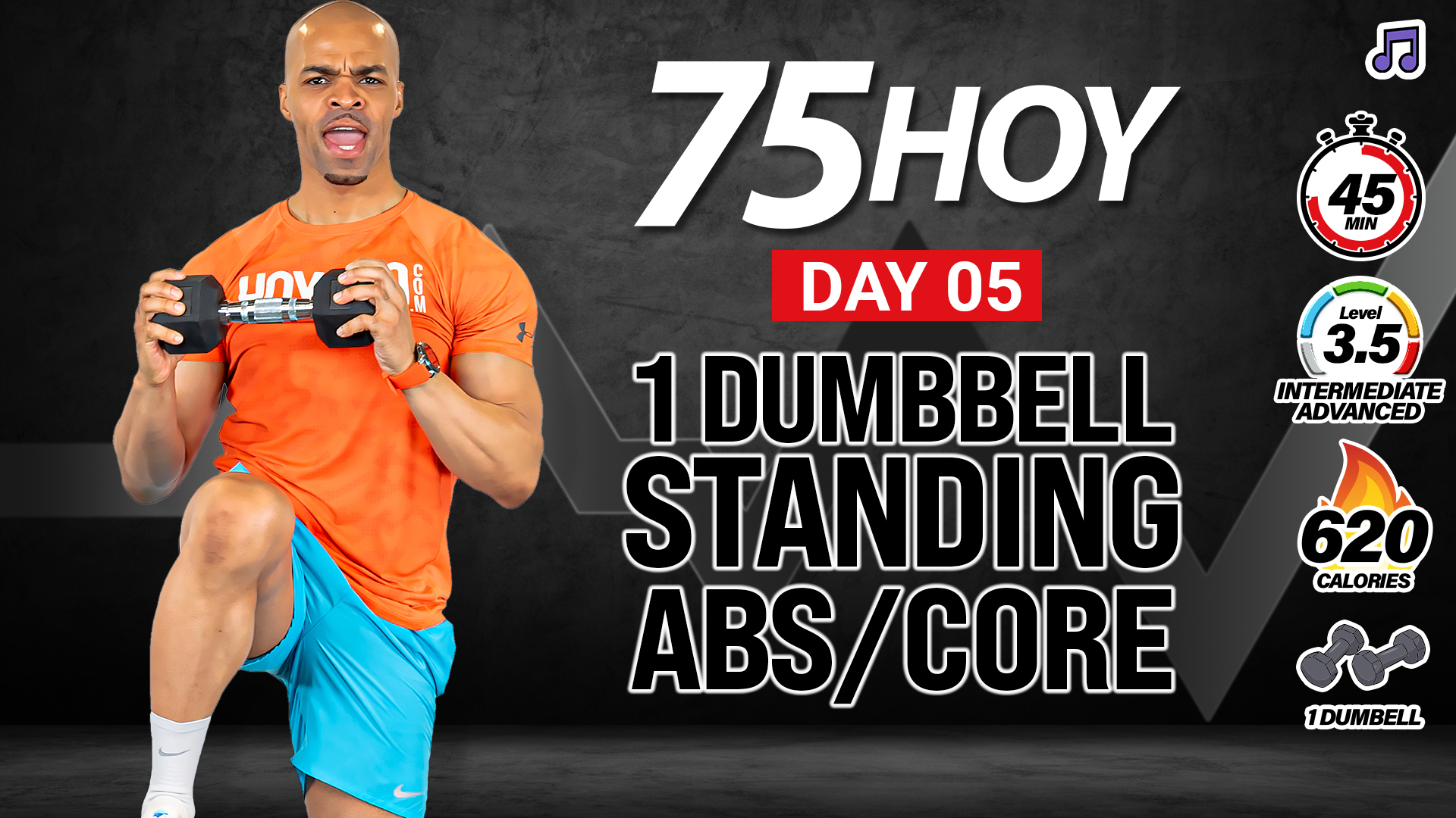 45 Minute One Dumbbell Standing Abs Workout - 75 HOY #05 (Music)