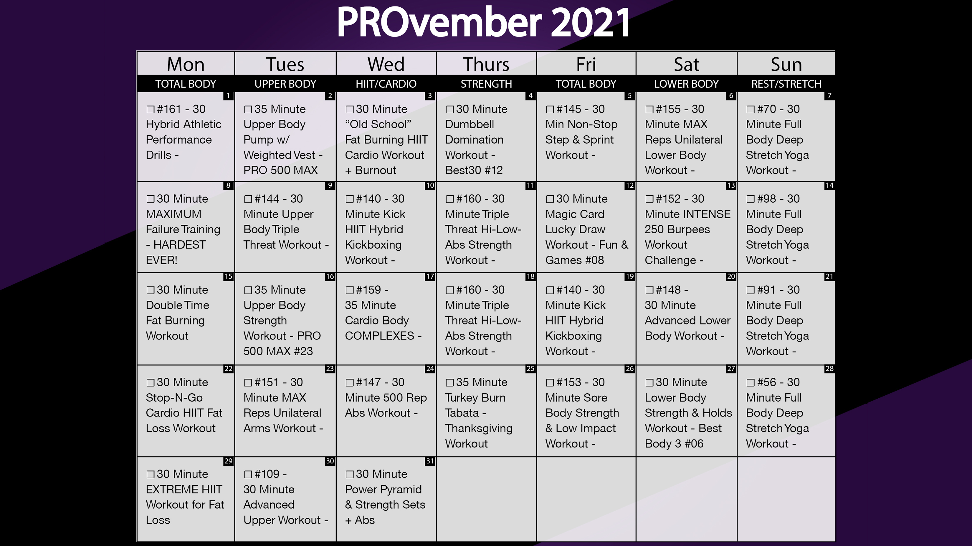 November 2021 Workout Playlist & Calendar