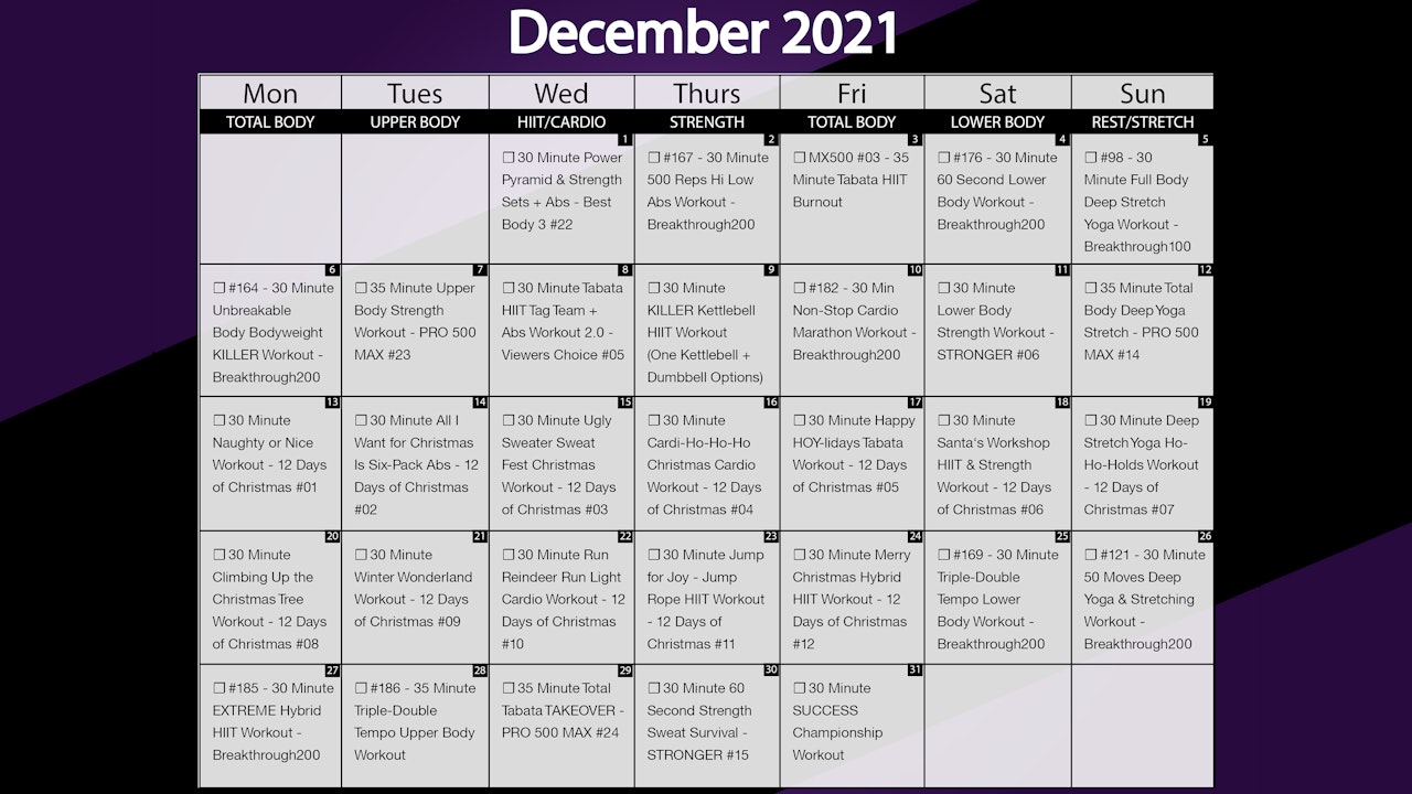 December 2021 Workout Calendar