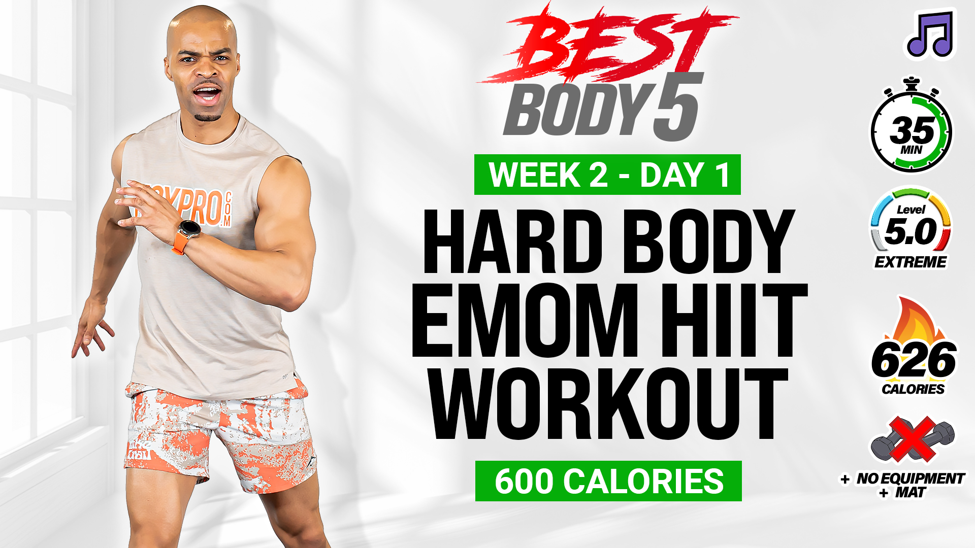 36 Minute Hard Body EMOM HIIT Workout - BB5 W2: Day 1 (Music)