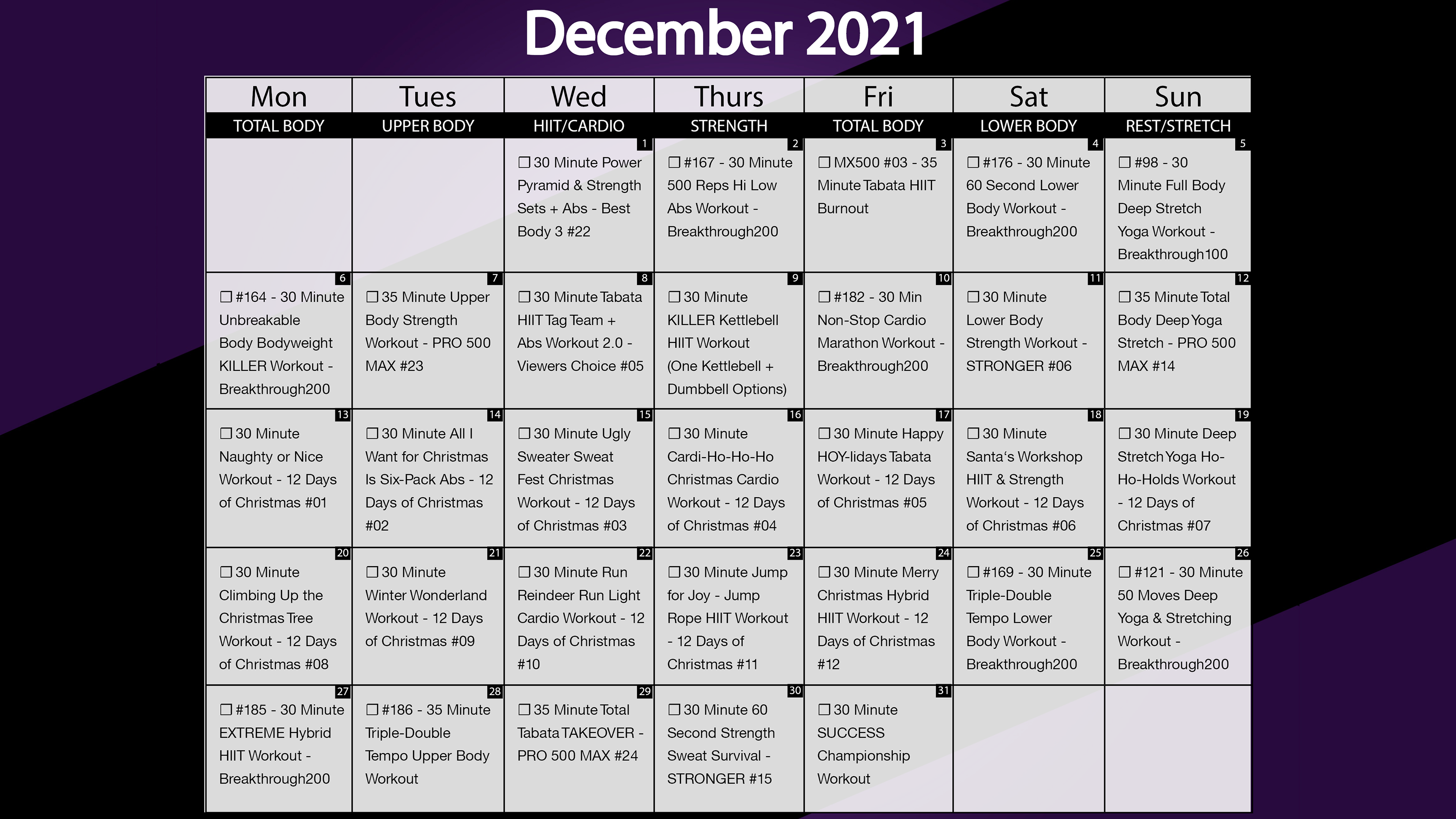 December 2021 Workout Calendar