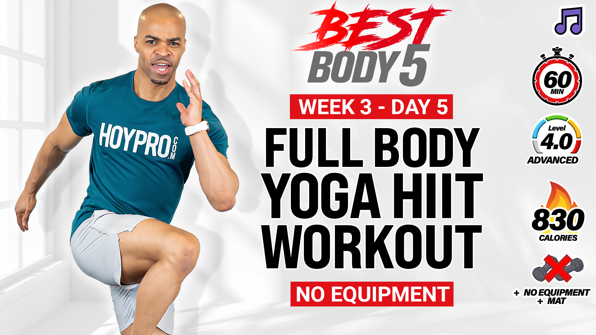 60 Minute Full Body Cardio Yoga HIIT Workout - BB5 W3: Day 5 (Music)