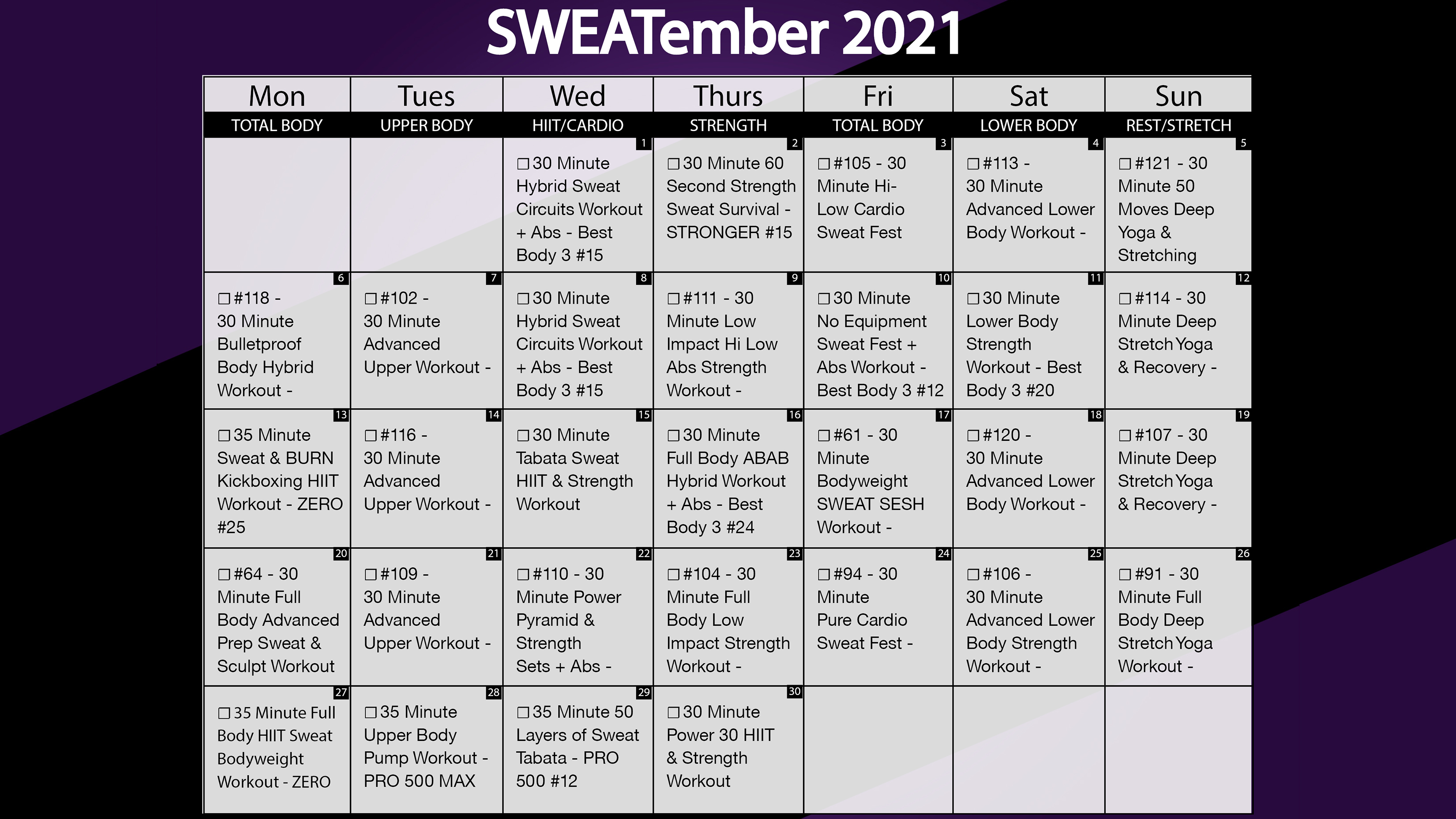 September 2021 Workout Calendar