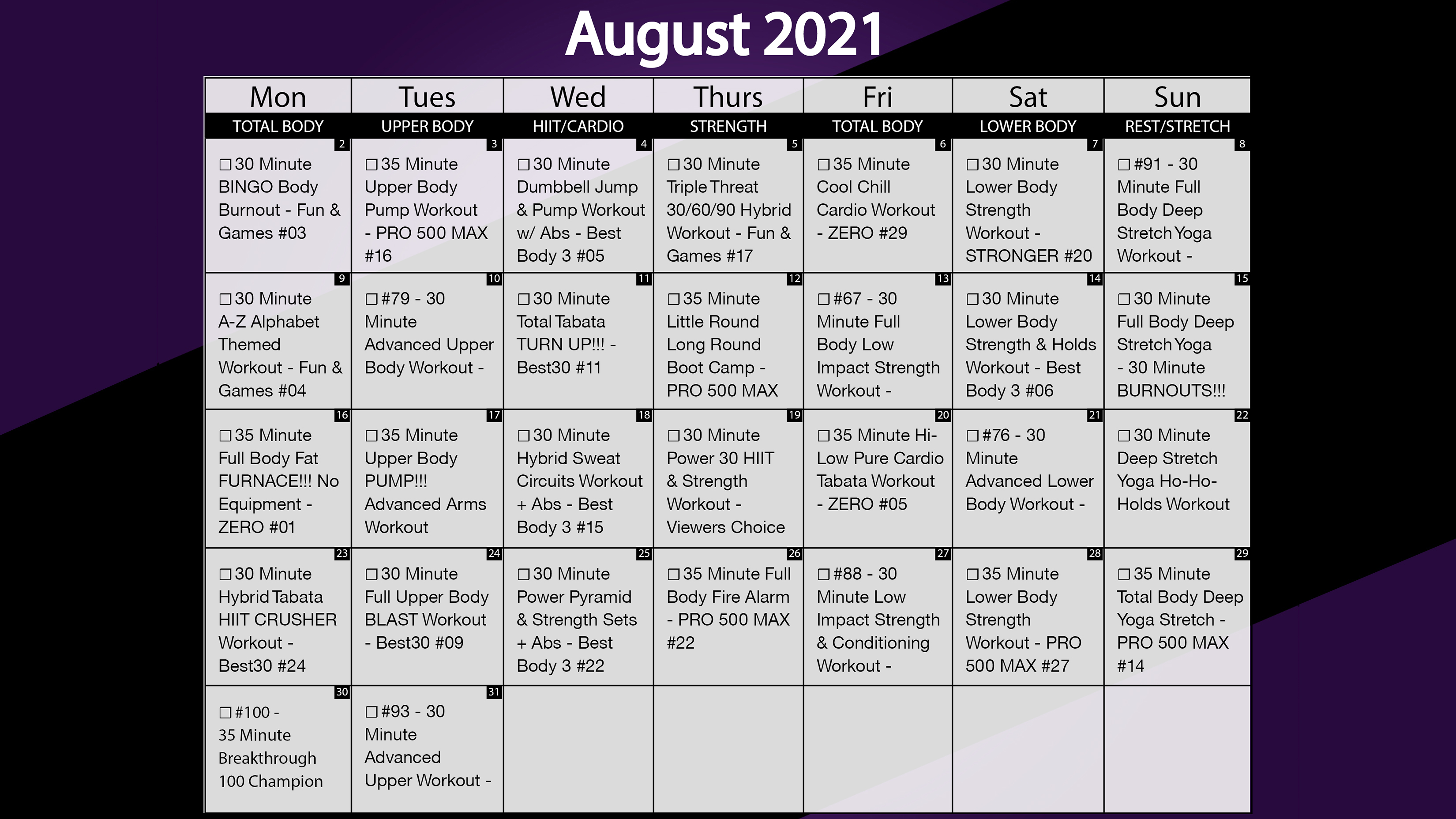 August 2021 Workout Calendar
