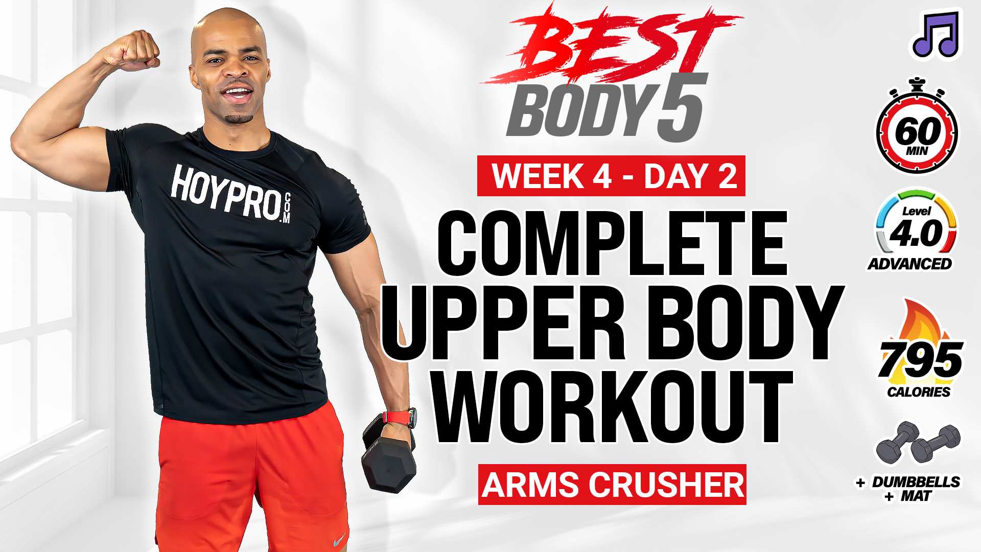 60 Minute Complete Upper Body Strength Workout - BB5 W4: Day 2 (Music)