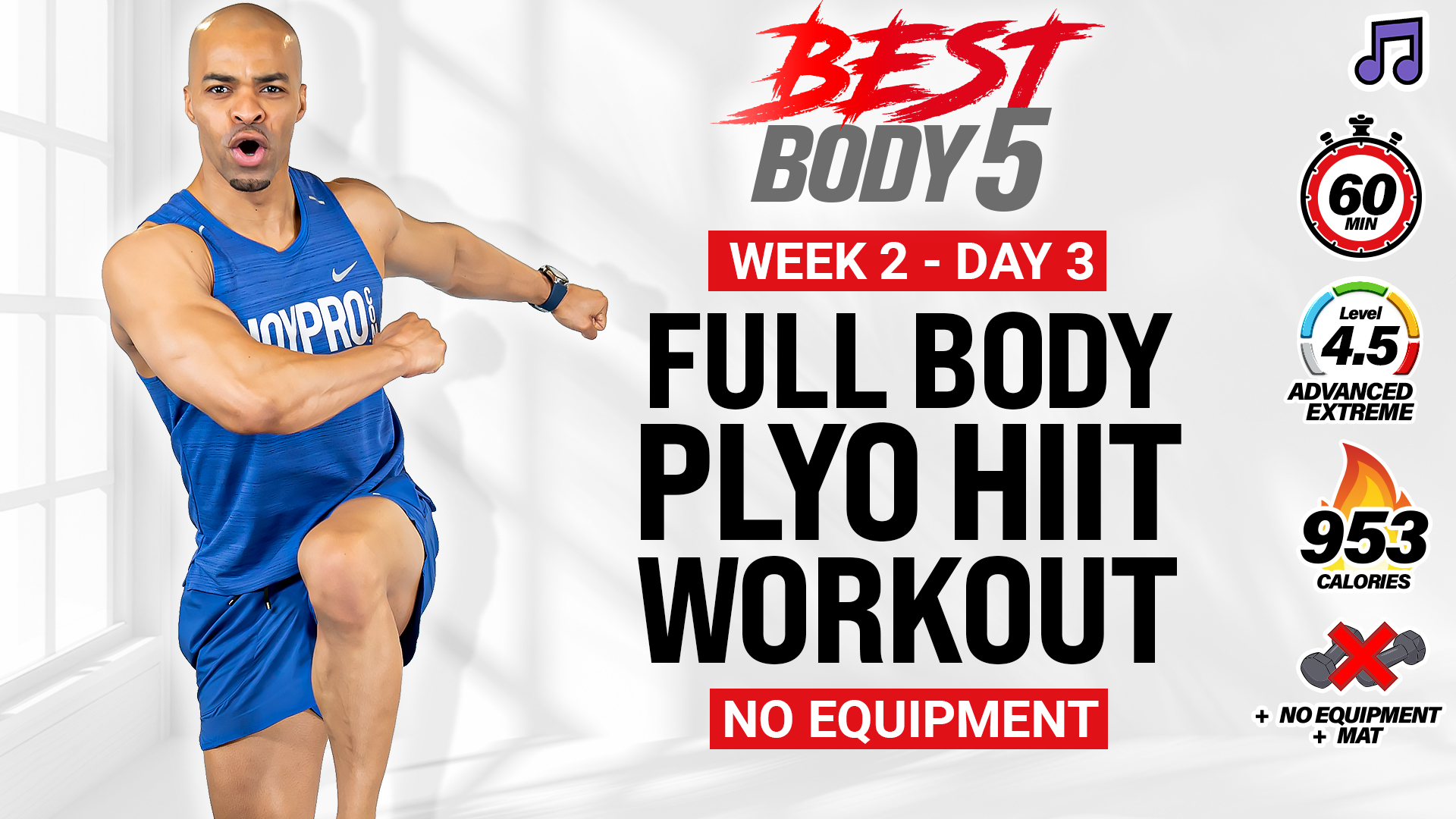 60 Minute No Equipment Plyo HIIT Workout - BB5 W2: Day 3 (Music)
