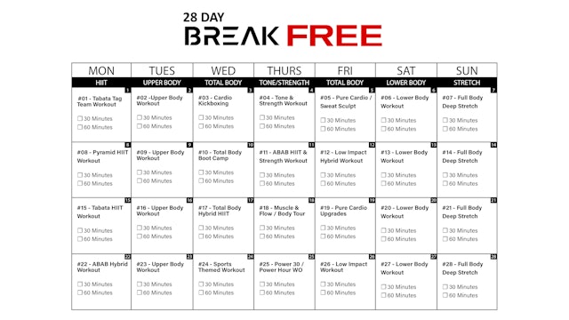 28 Day Break Free Workout Calendar