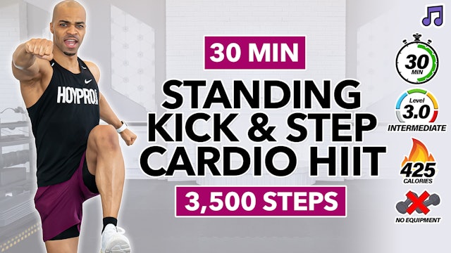 30 Minute Intermediate All-Standing Kickboxing & Step Workout (Music)