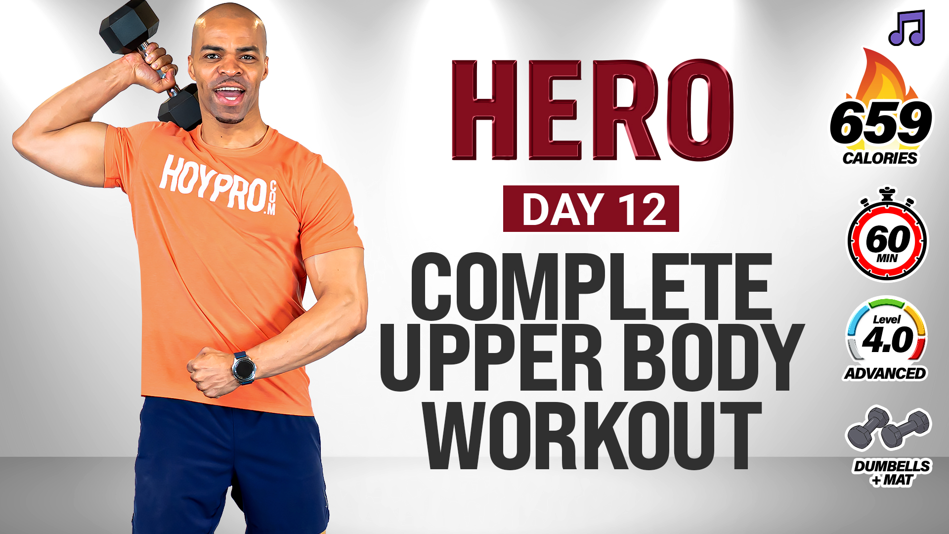 60 Minute Complete Upper Body Strength Workout (No Jumping) - HERO #012 (Music)