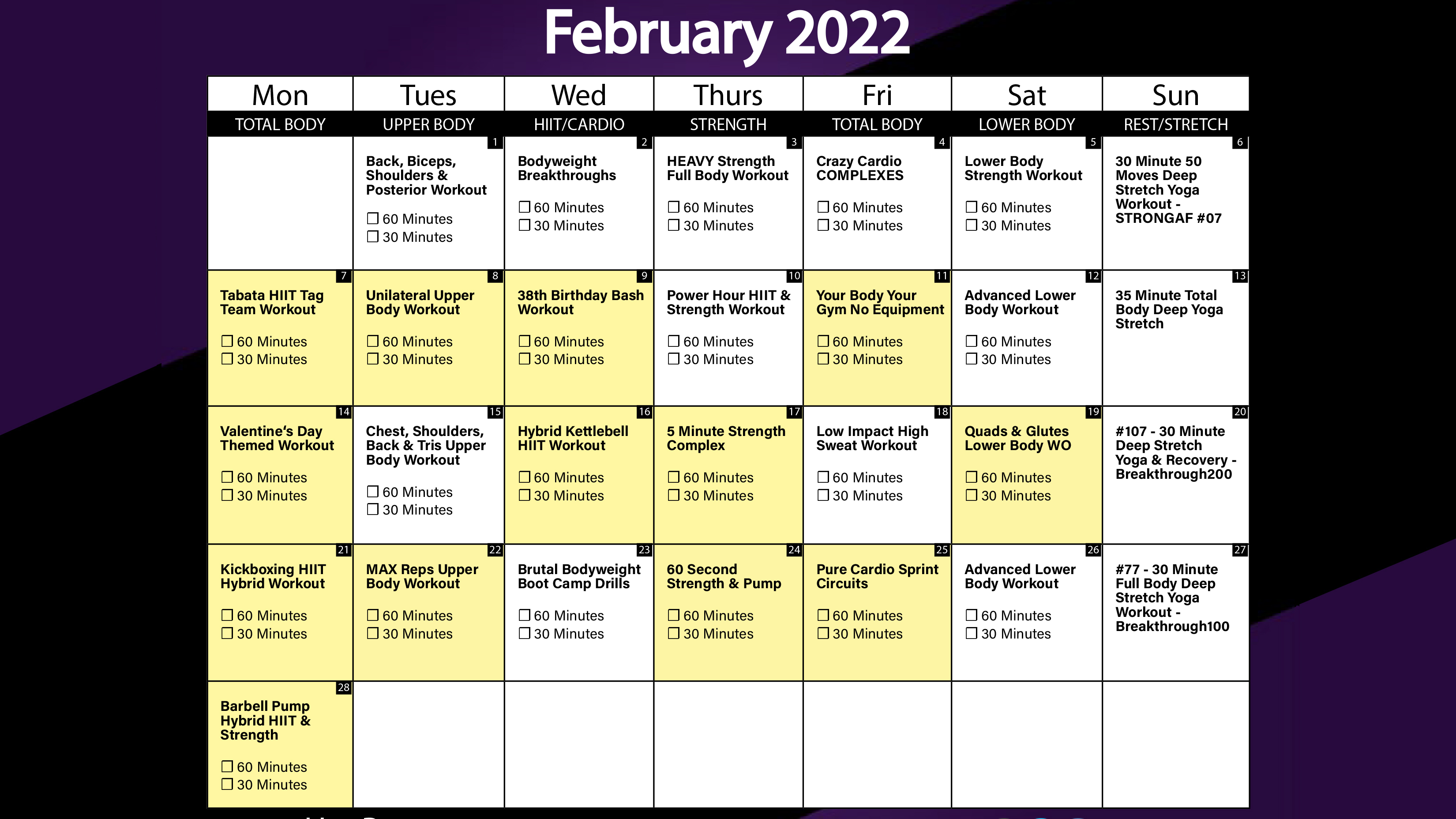 February 2022 Workout Calendar Millionaire Hoy Pro