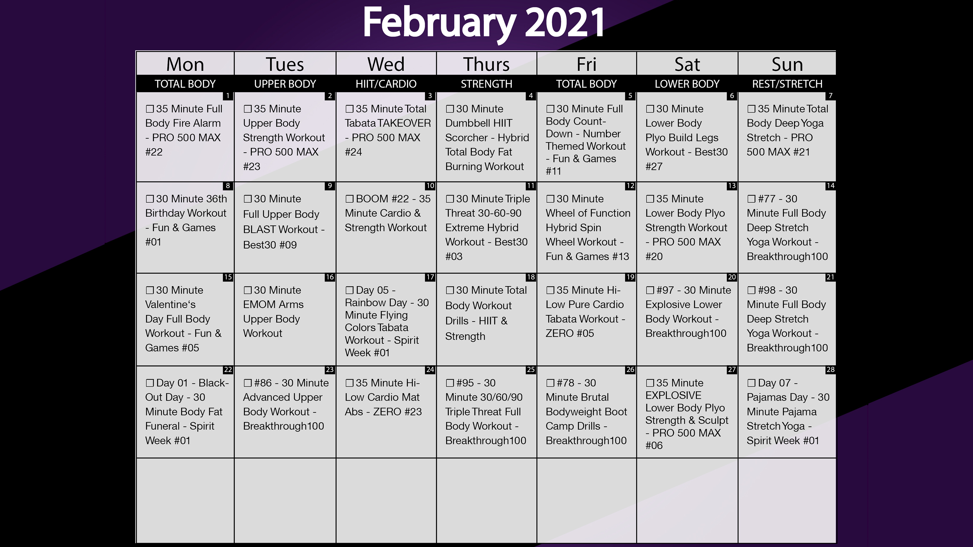 February 2021 Workout Playlist & Calendar