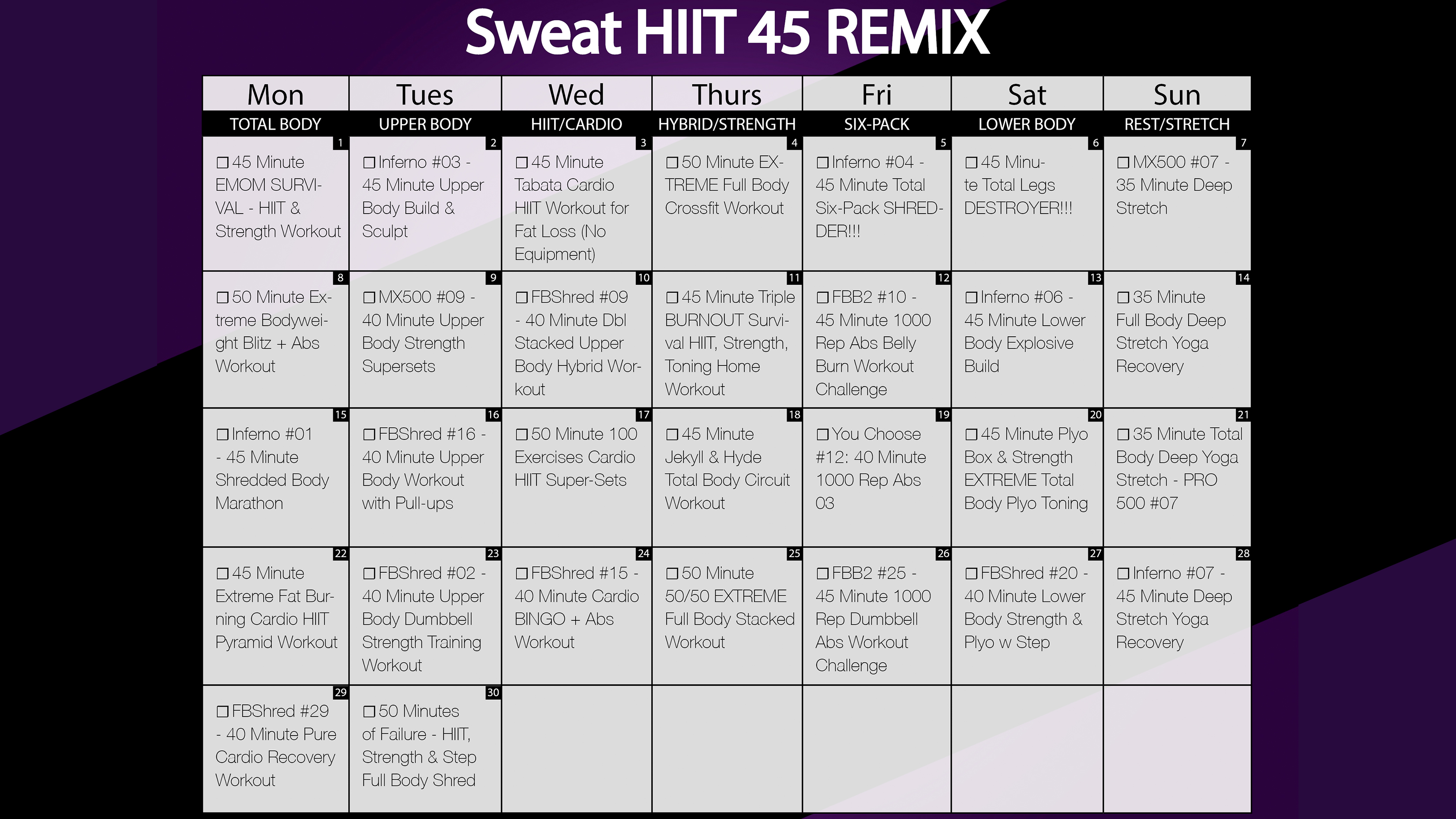 Sweat HIIT 45 REMIX 30 Day Workout Playlist Millionaire Hoy Pro