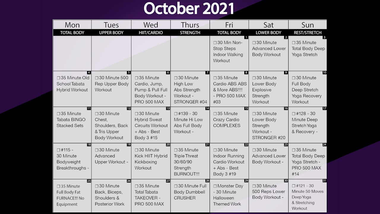 October 2021 Workout Playlist & Calendar