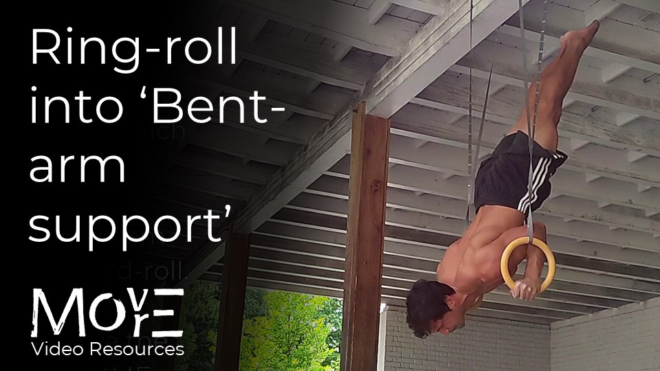 Rings forward-roll to 'Bent-arm support' (BAs)