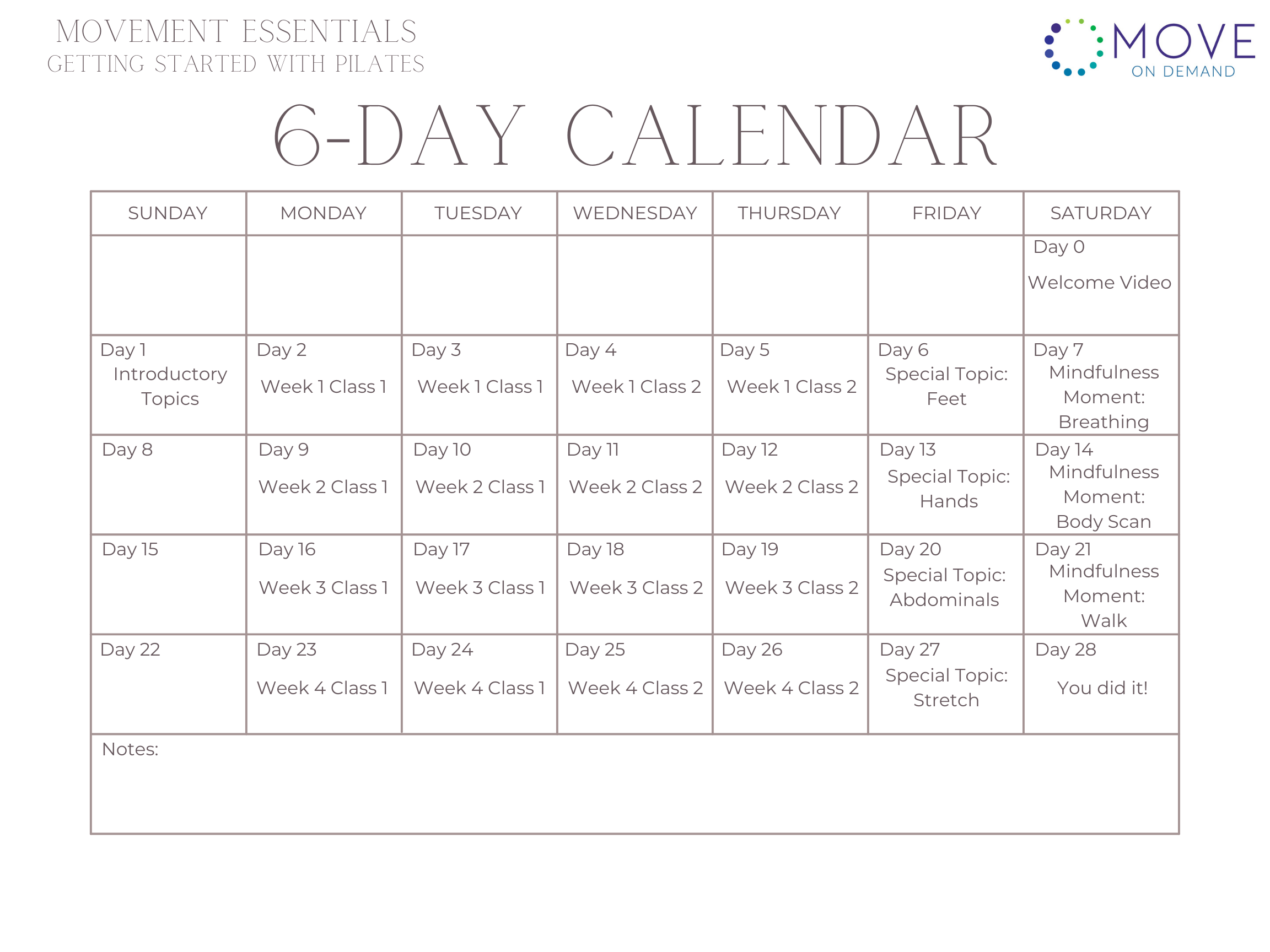 6 Day Calendar, Gentle Pilates for Everyday Life
