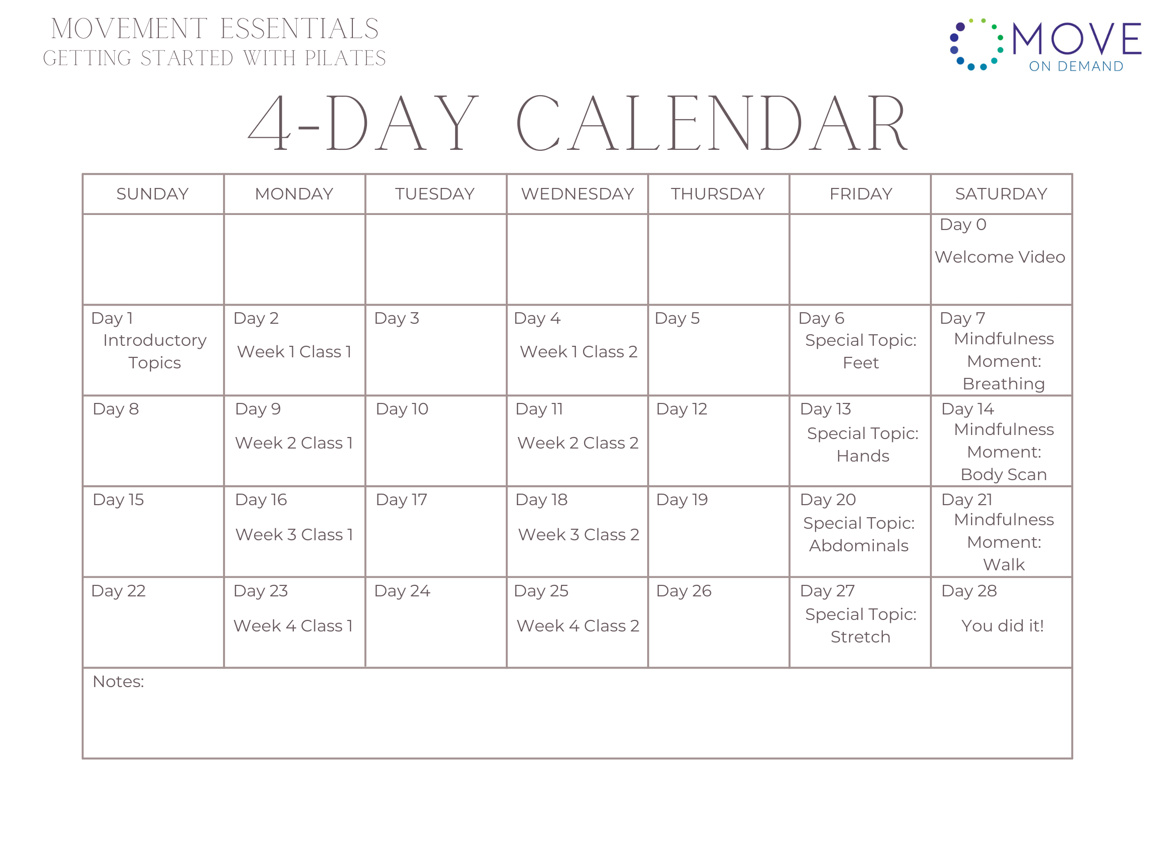 4 Day Calendar, Gentle Pilates for Everyday Life