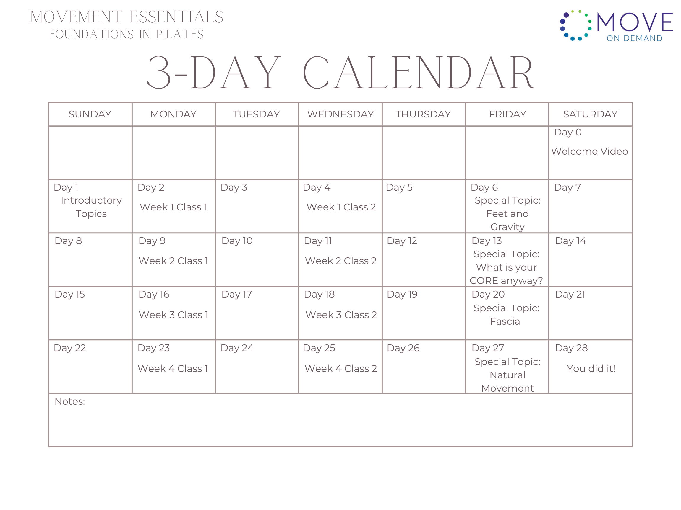3 Day Calendar, Foundations in Pilates