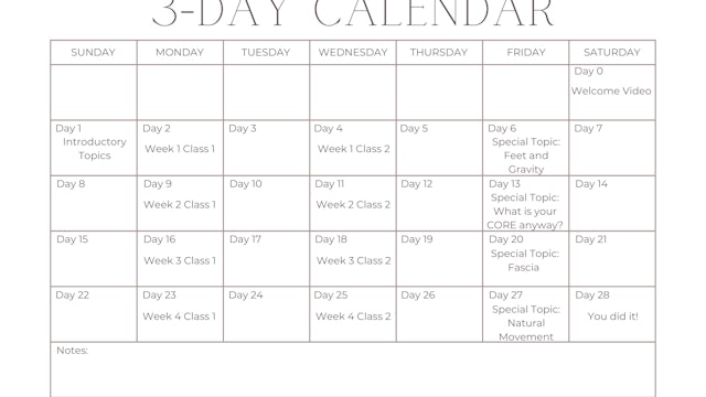 3 Day Calendar, Foundations in Pilates