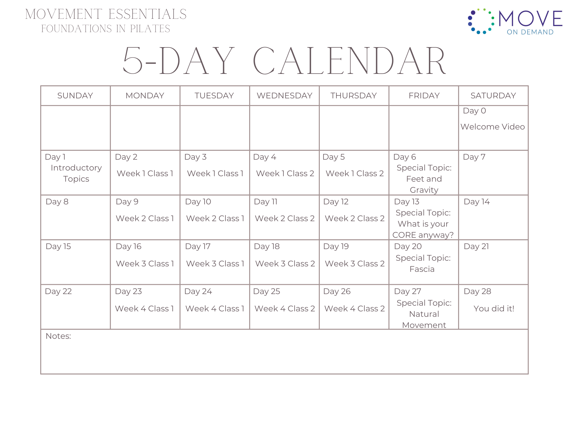 5 Day Calendar, Foundations in Pilates