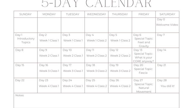 5 Day Calendar, Foundations in Pilates
