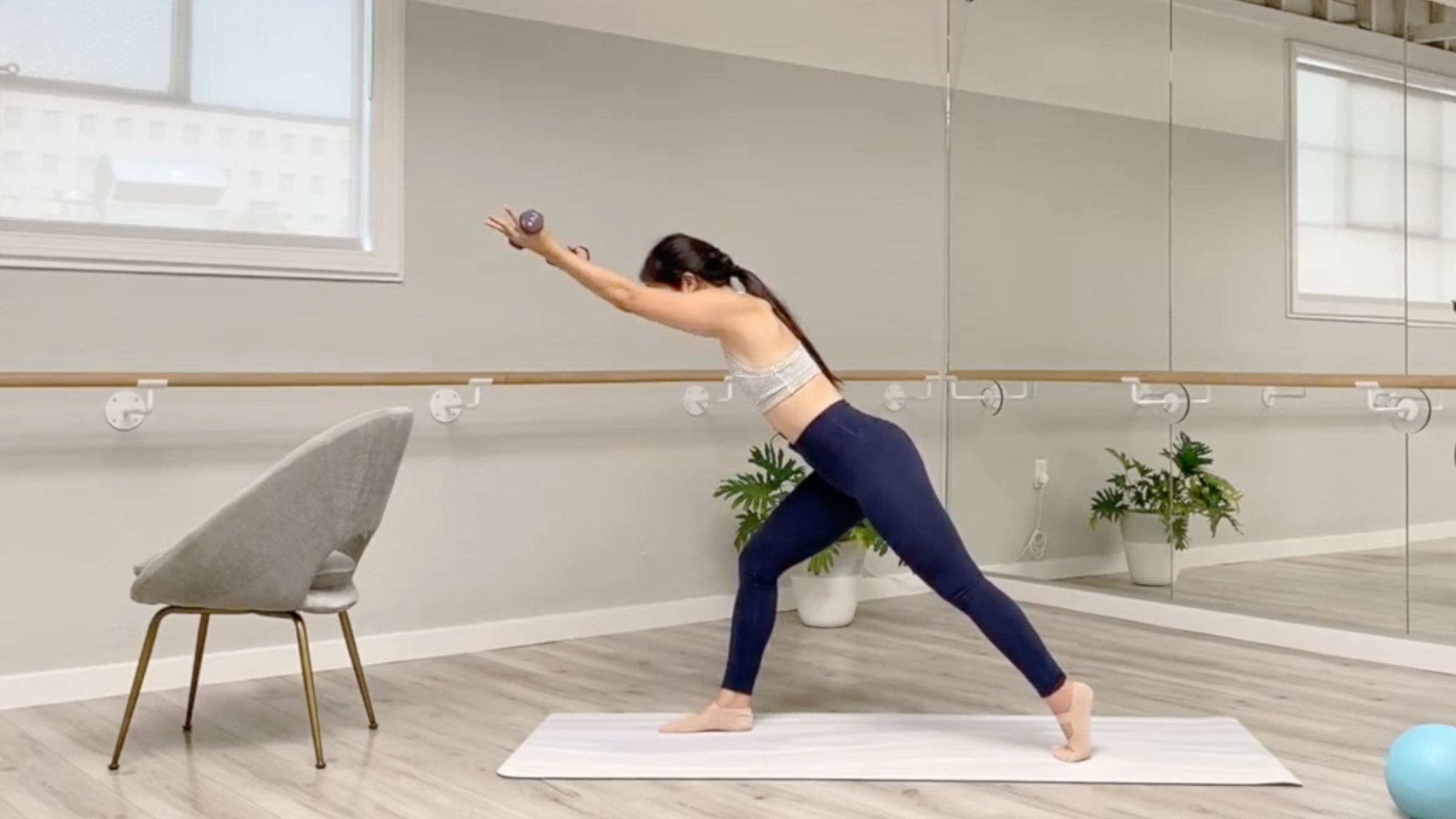 21 Minute Arms and Legs Barre Fusion Using a Chair, Hand Weights, and Small Ball