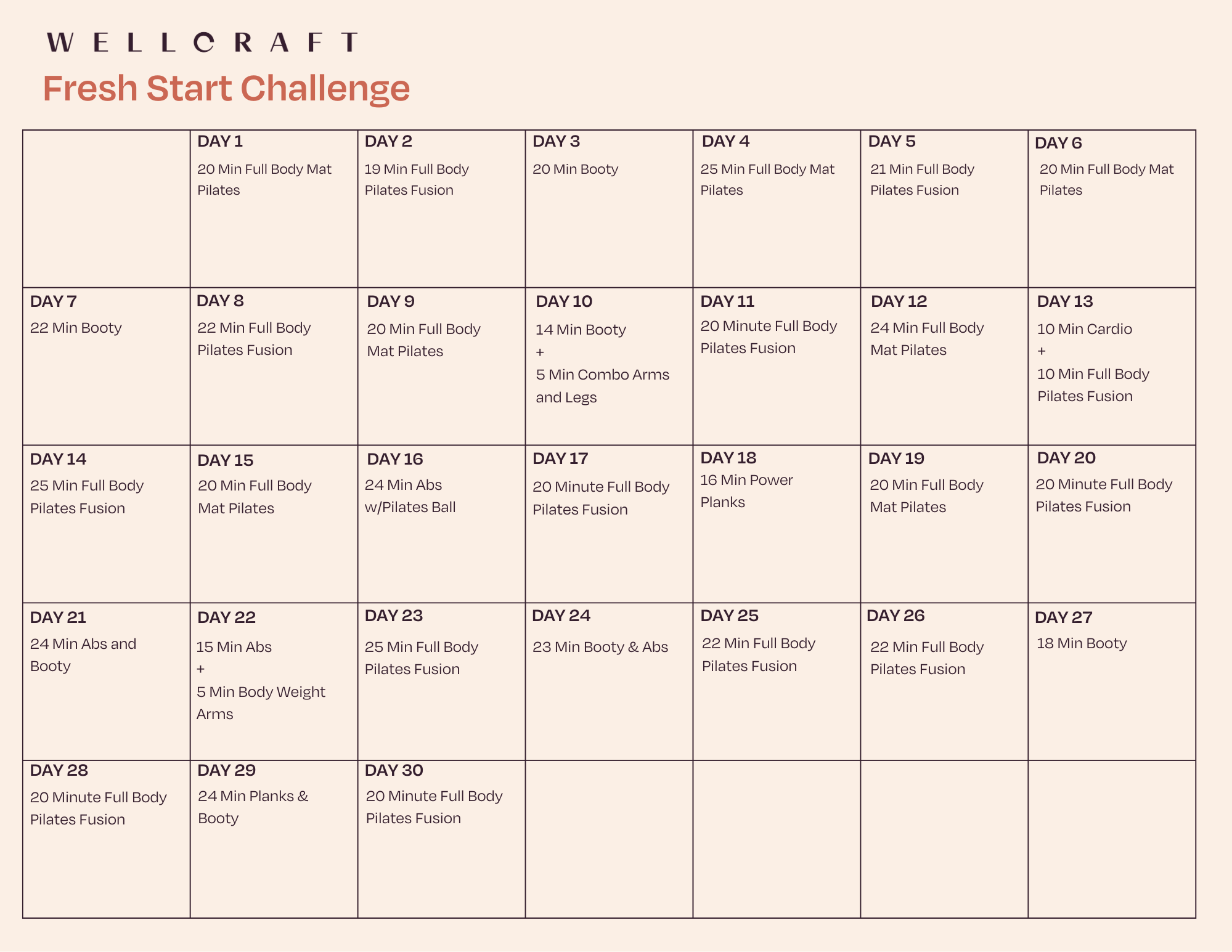 Fresh Start Challenge Calendar