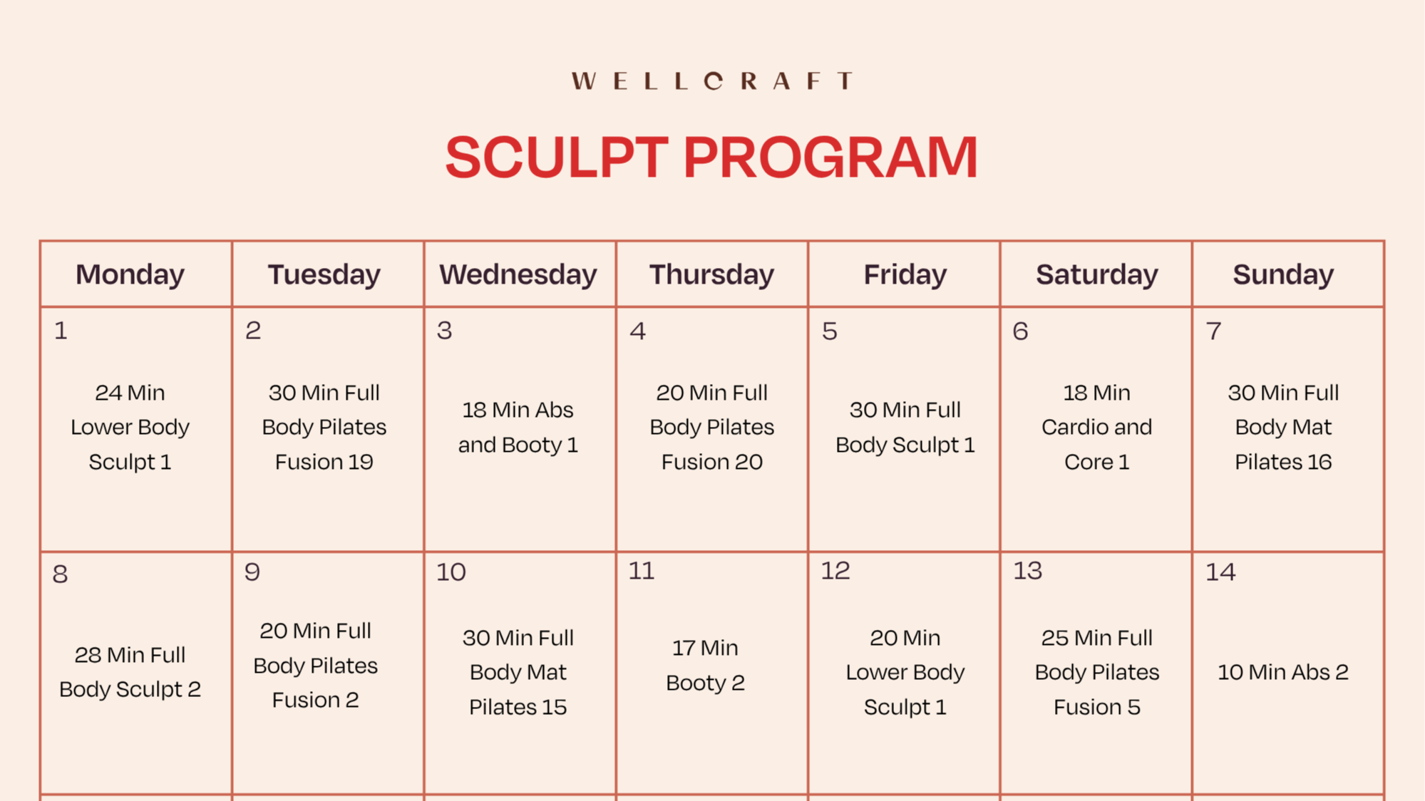 Wellcraft Sculpt Program Calendar Weeks 1-3