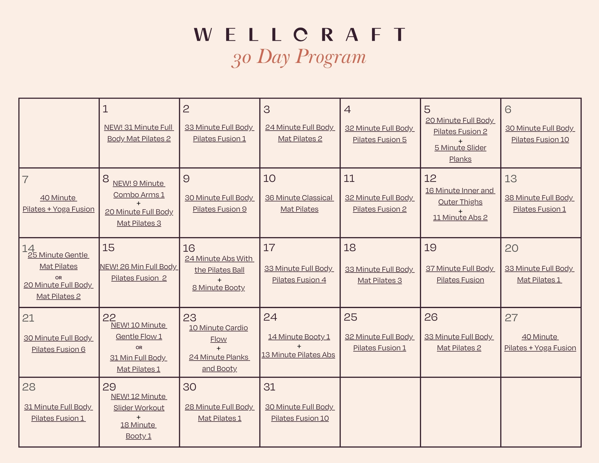 30 Day Program Calendar