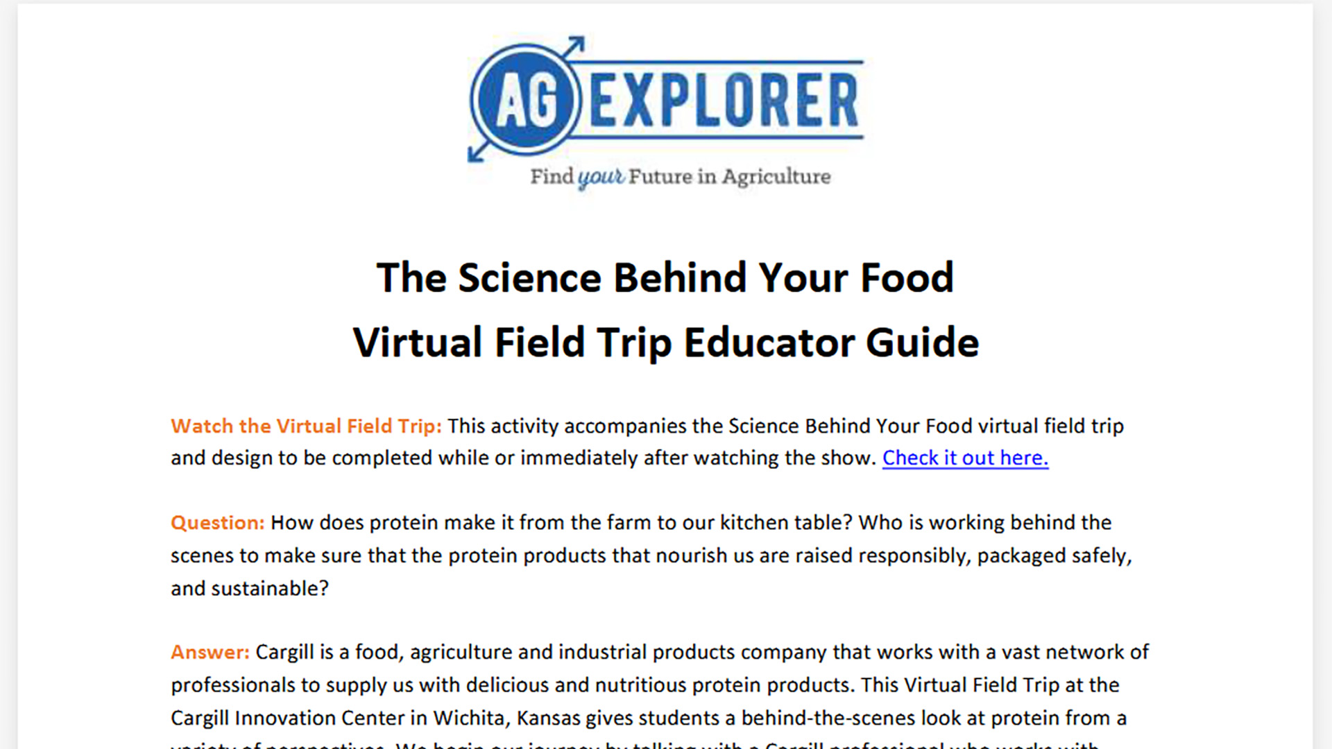 Educator Guide - Ag Explorer Virtual Field Trip with Cargill