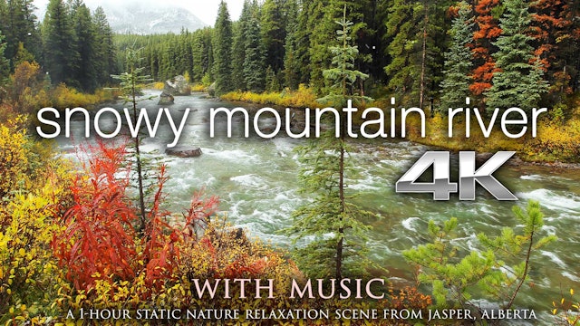 Snowy Mountain River w MUSIC 1 HR Static 4K Nature Relaxation Video