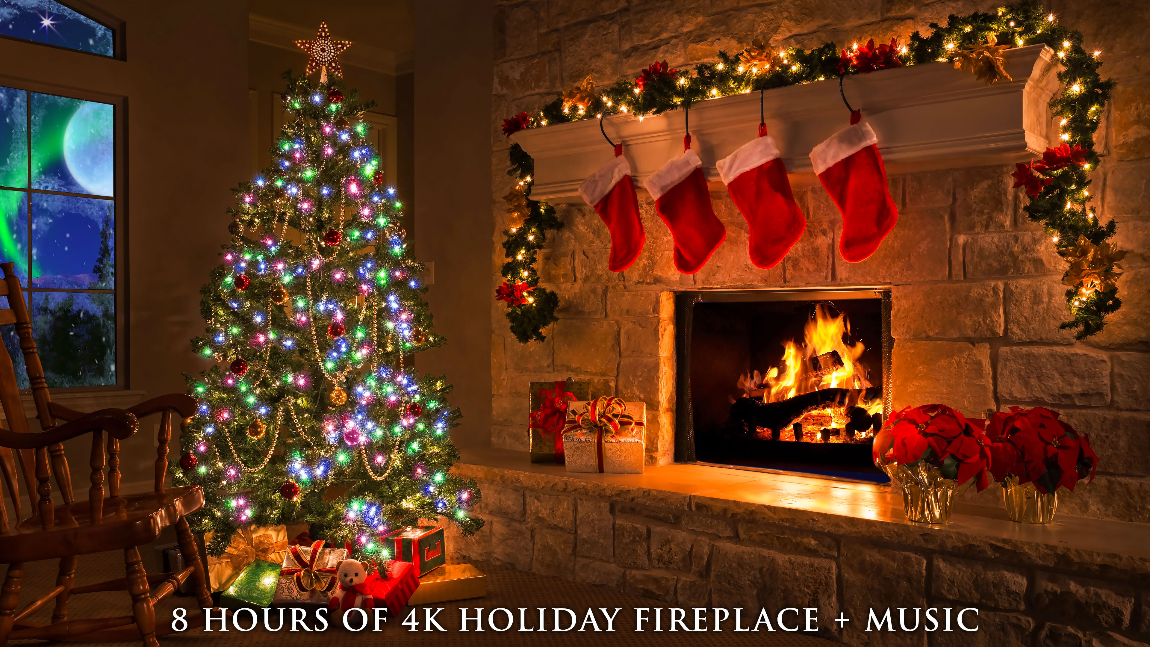 Holiday Fireplace - 8H, 4K - with Music