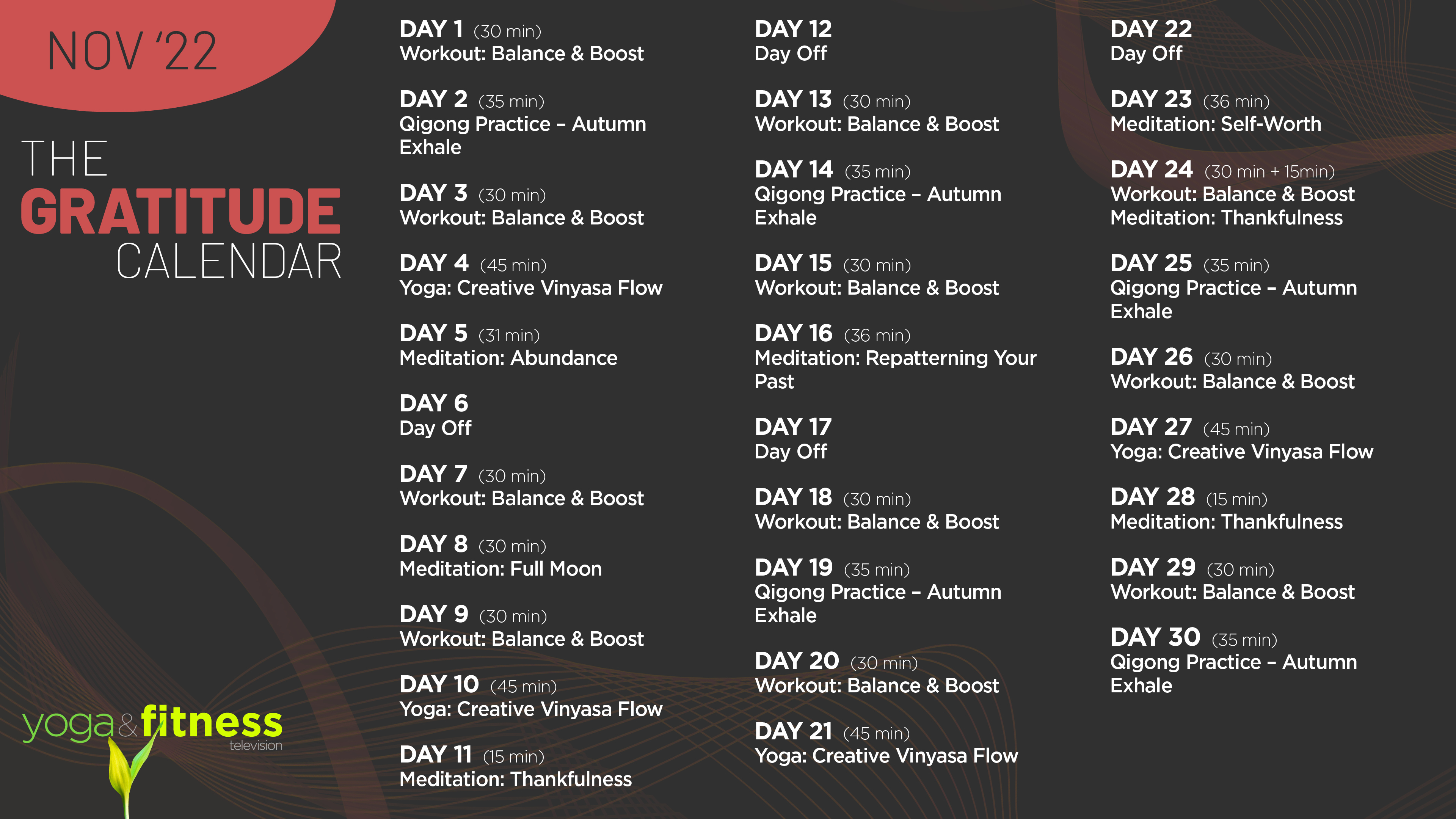 Nov '22 - The Gratitude Calendar - Schedule - Downloadable PDF