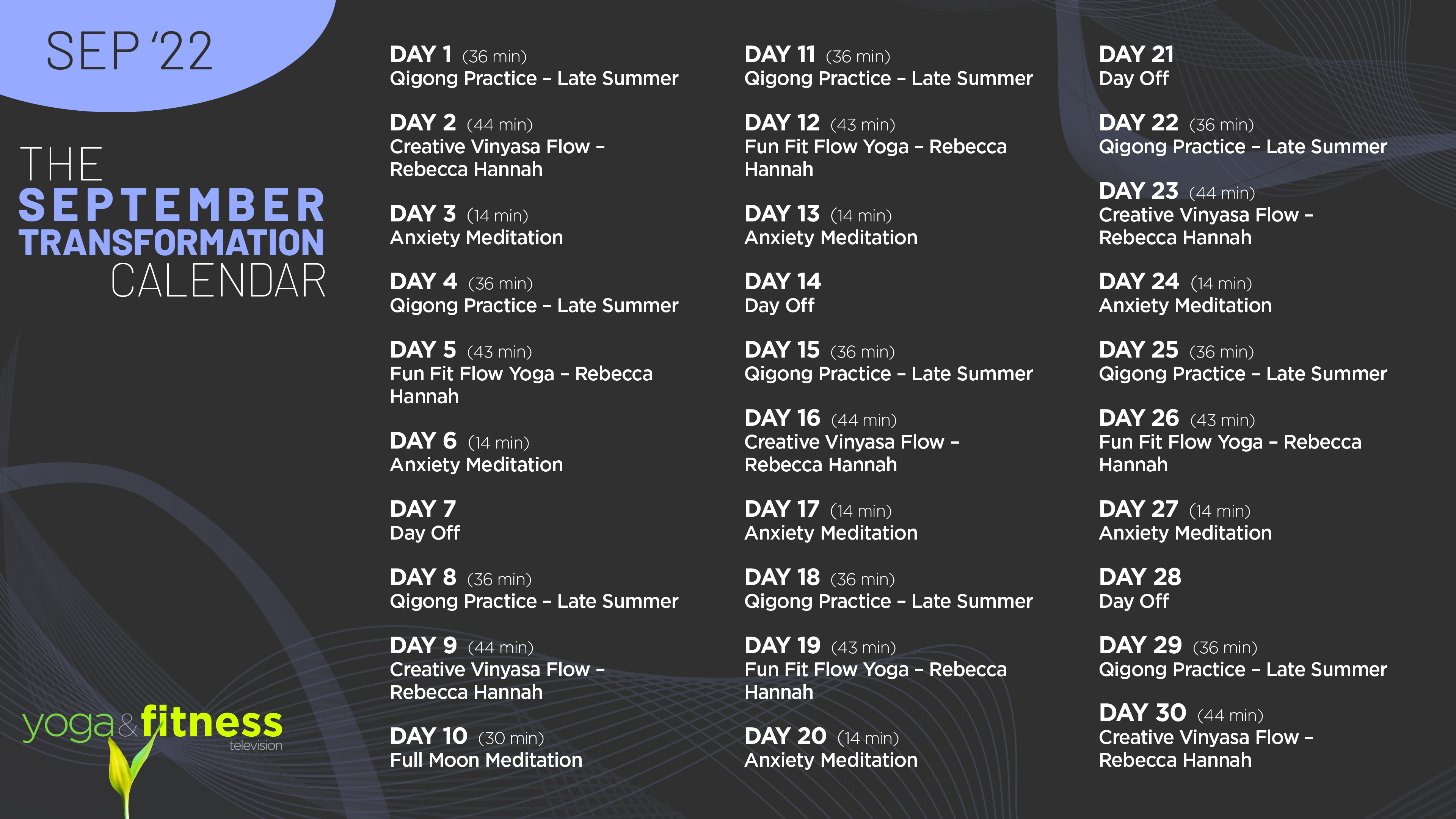 Sep '22 The September Transformation Calendar - Schedule