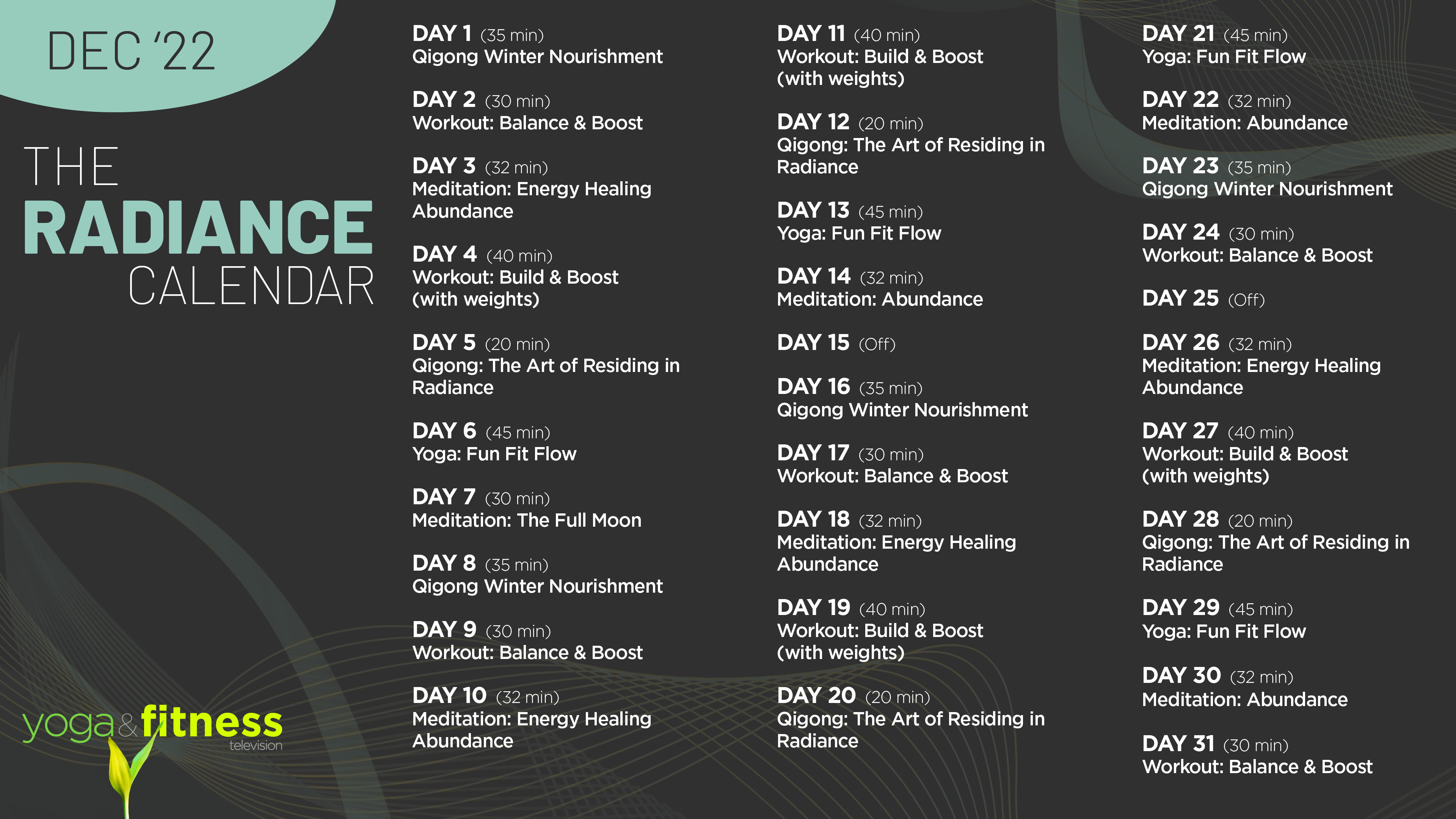 Dec '22 - The Radiance Calendar - Schedule - Downloadable PDF