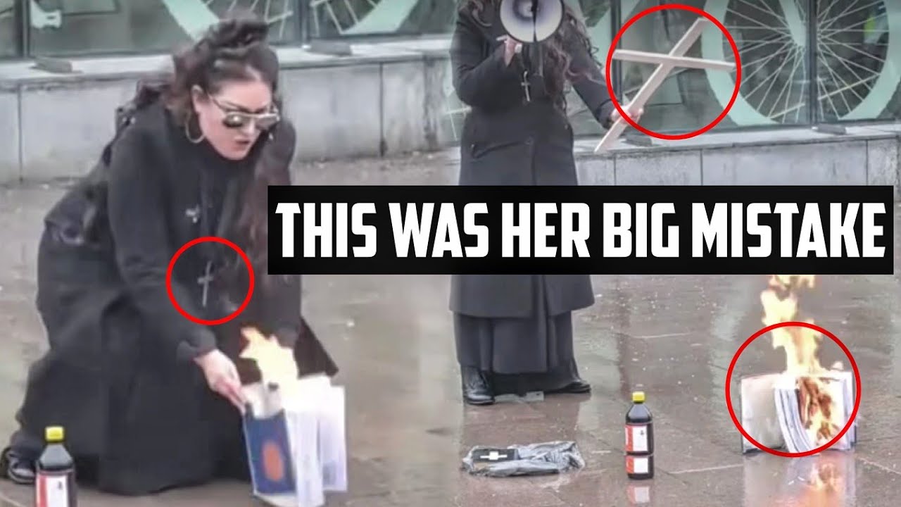 CHRISTIAN LADY HOLDING CROSS AND BIBLE BURNS THE QURAN IN SWEDEN