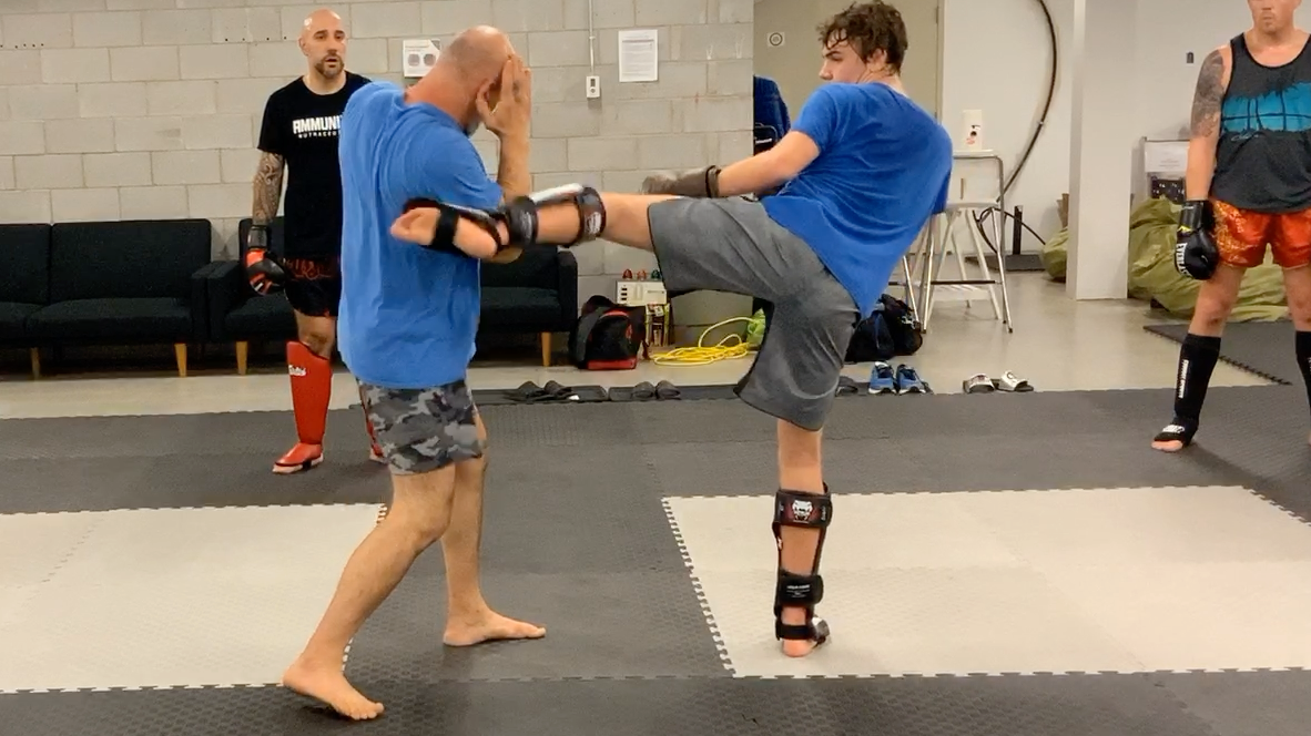 Muay Thai Fundamentals White Shorts:Stripe 2-Lesson 5 Body Kick Block