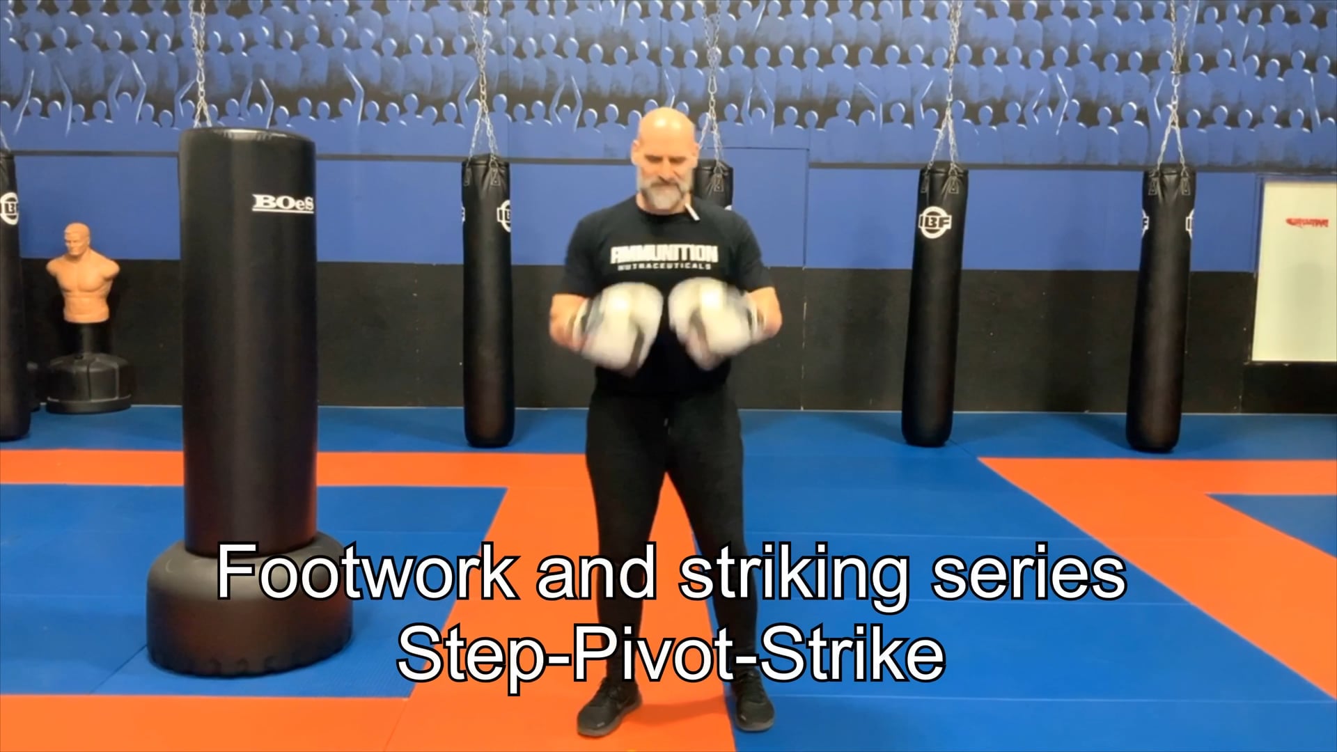 Boxing:punching bag practice of the step-pivot and strike 