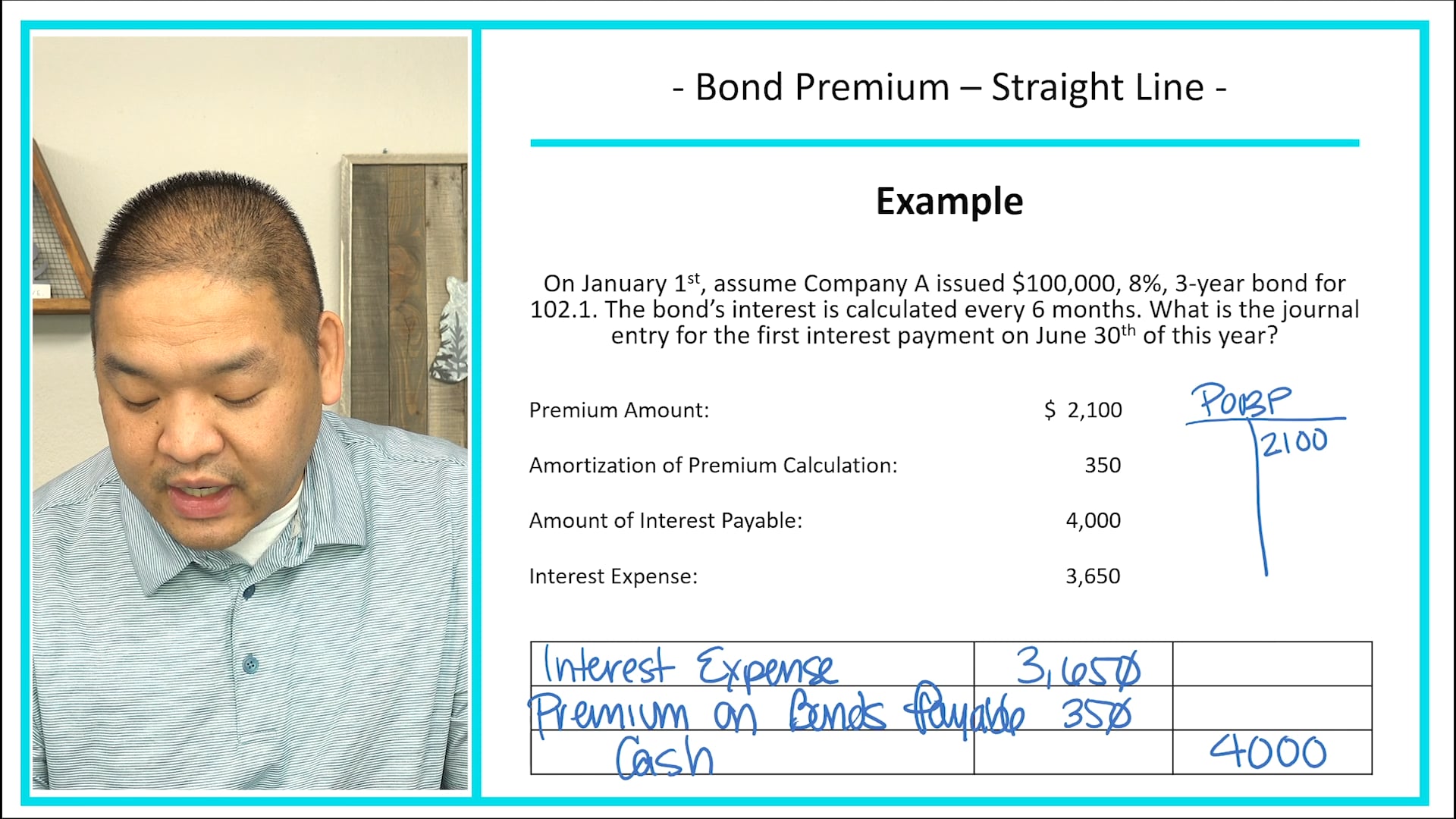 Lesson 10.18 - Straight-Line Method of Bond Amortization - Bond Premium