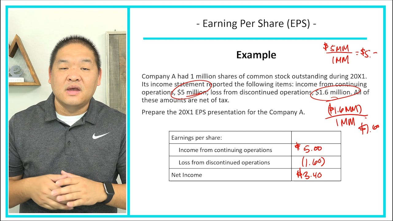 Lesson 4 12 Earnings Per Share Example Section 4 The Income Statement Statement Of Cash Flows Patrick Lee Msa