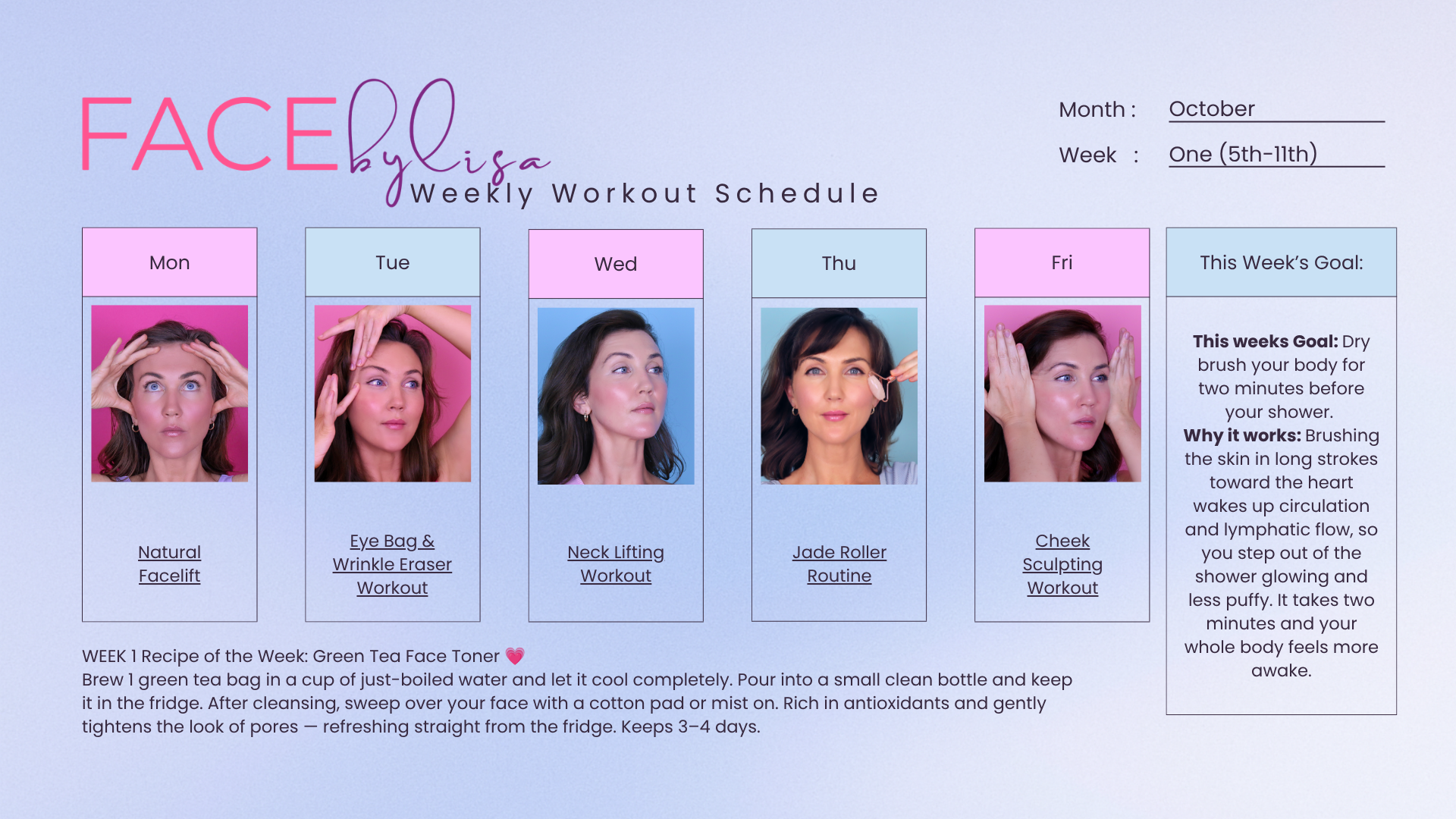 October Face Exercise Weekly Schedule Calendar